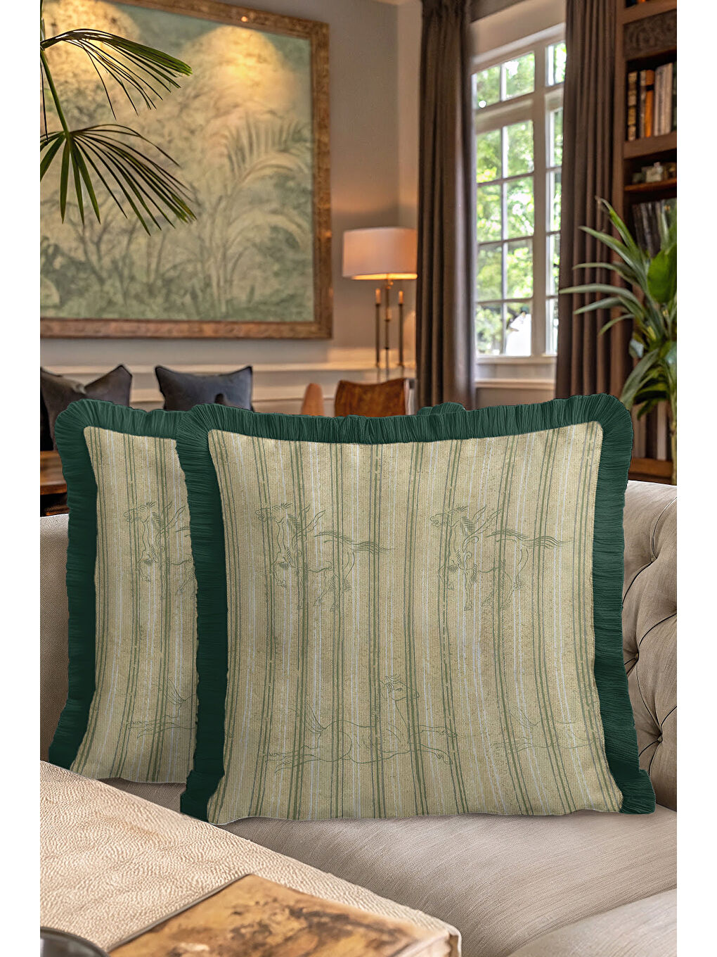Karışık Zarif Çizgili At Figürlü Saçaklı Yastık Kılıfı - Doğal Yeşil Çizgi Rustik Püsküllü Kırlent Kılıfı-7