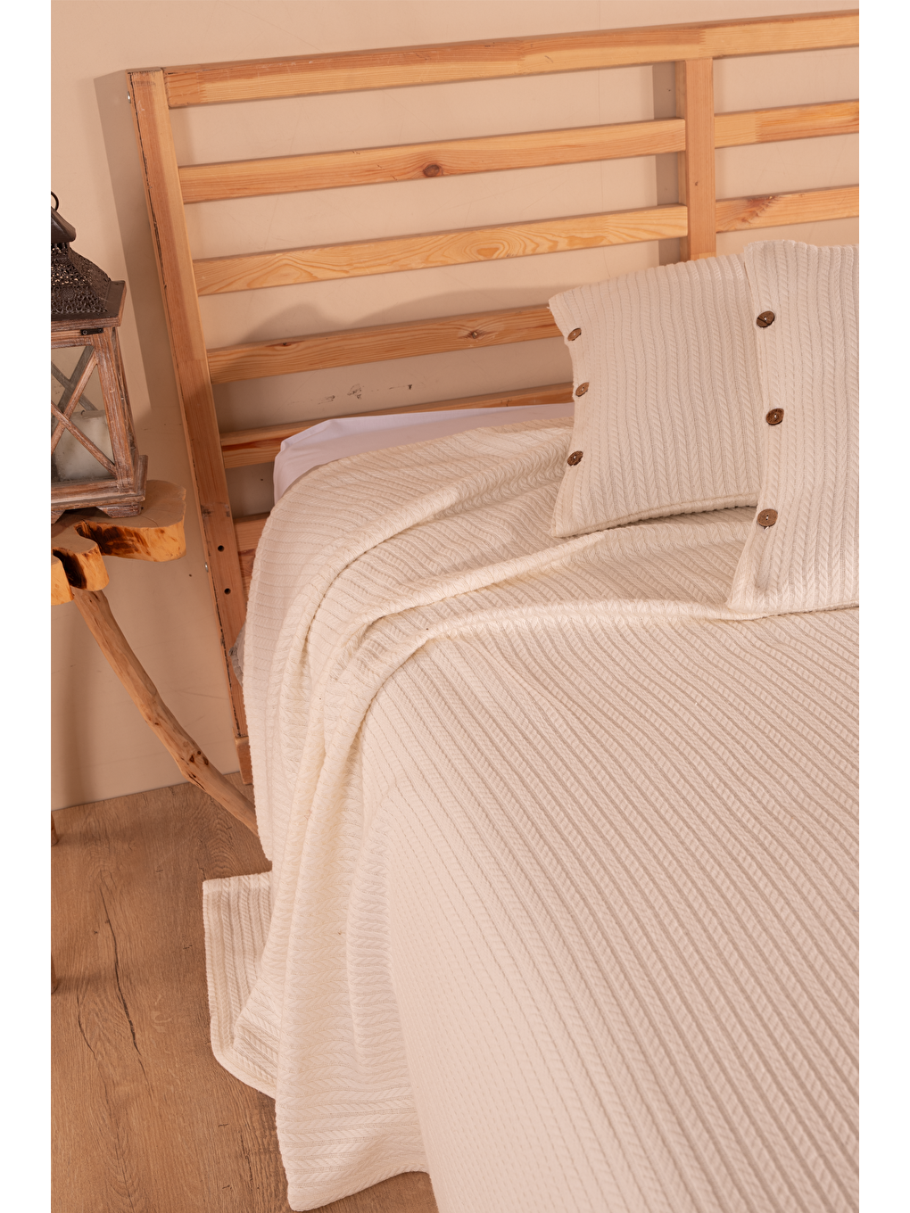 Ekru Örgü Çift Kişilik Pike Yatak Örtüsü-2