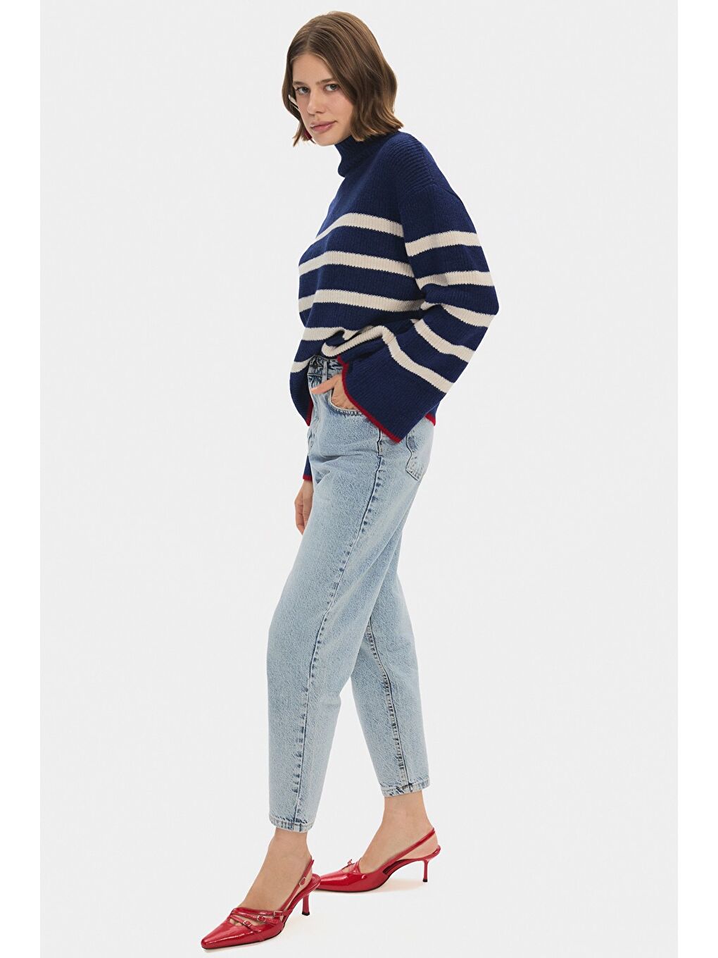 Lacivert Kadın Dik Yaka Çizgili Triko Kazak-3