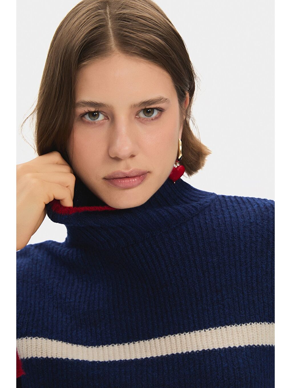 Lacivert Kadın Dik Yaka Çizgili Triko Kazak-4