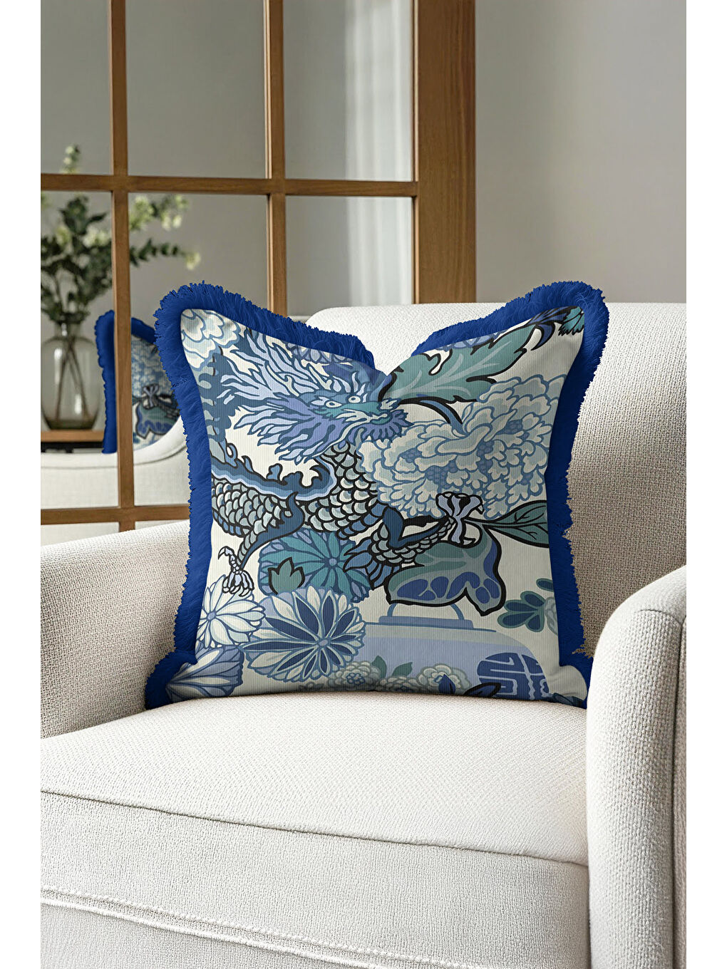 Karışık Ejderha Motifli Saçaklı Yastık Kılıfı - Asya Etkili Bohem Mavi Yeşil Püsküllü Kırlent Kılıfı-1