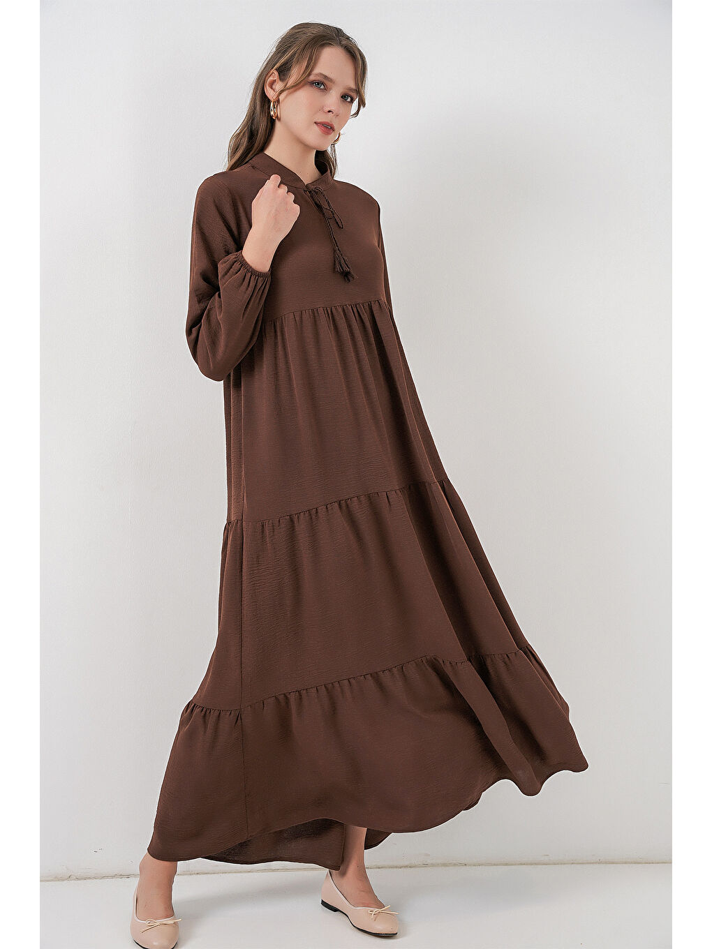 Kahverengi T1627 Yaka Bağcıklı Elbise - E. Kahve-3