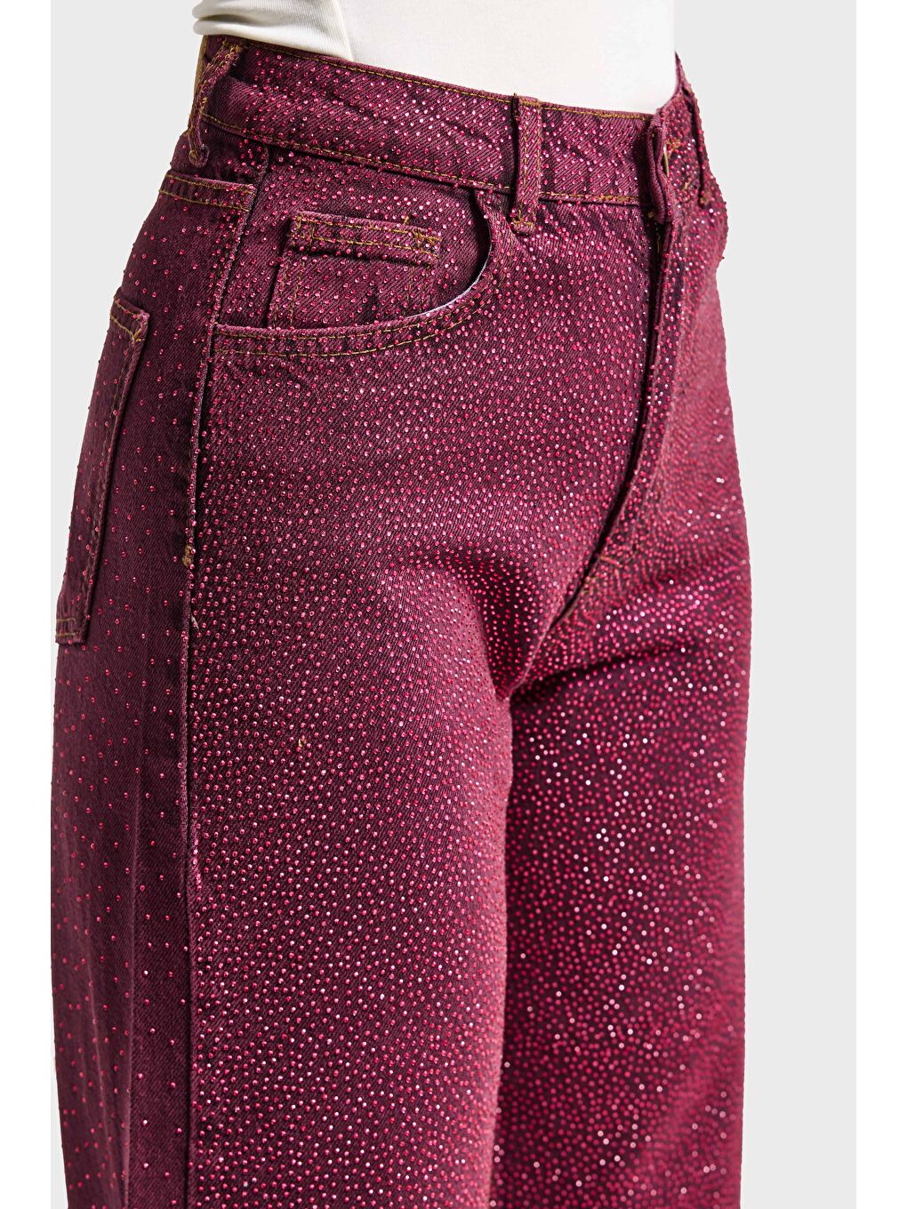 Kadın Bordo Renk T3-20w5-98 Straight Fit Yüksek Bel Ön ve Arka Parlak Taşlı Özel Tasarım Denim Jean-2