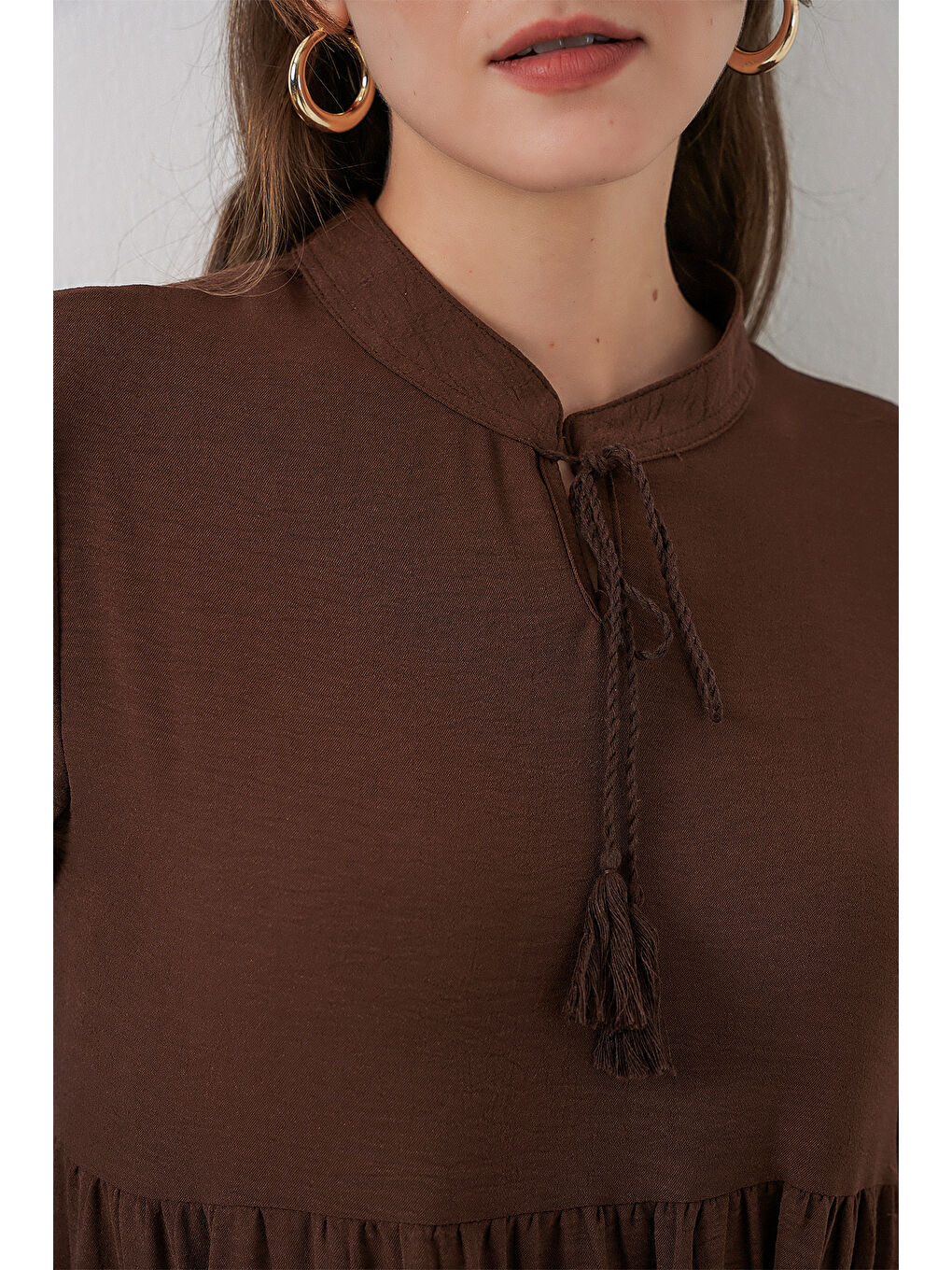 Kahverengi T1627 Yaka Bağcıklı Elbise - E. Kahve-4