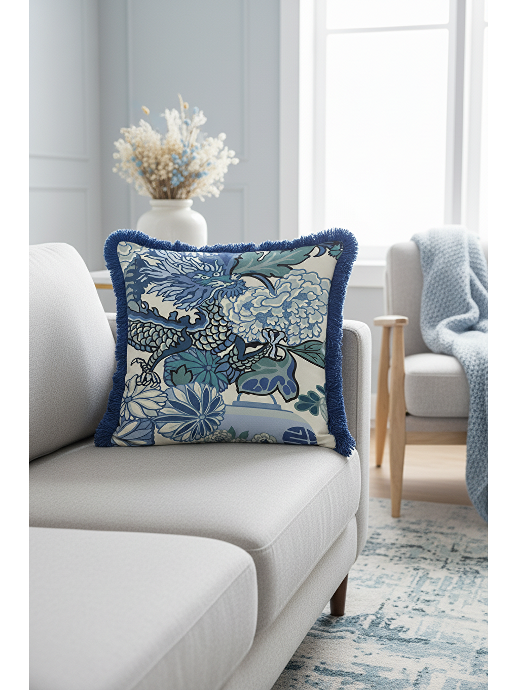 Karışık Ejderha Motifli Saçaklı Yastık Kılıfı - Asya Etkili Bohem Mavi Yeşil Püsküllü Kırlent Kılıfı-3