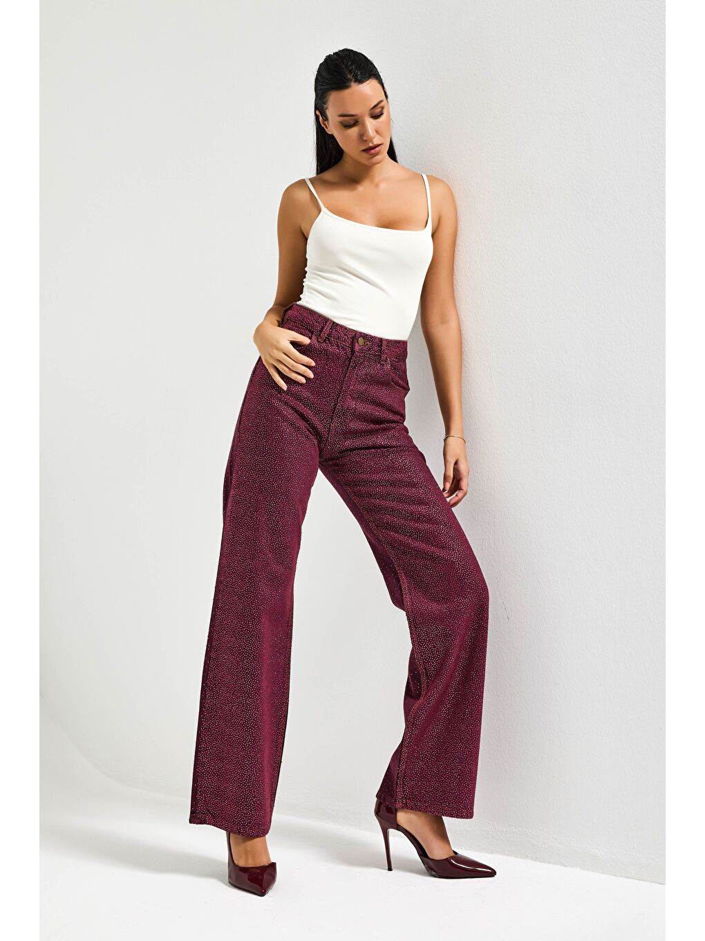 Kadın Bordo Renk T3-20w5-98 Straight Fit Yüksek Bel Ön ve Arka Parlak Taşlı Özel Tasarım Denim Jean-3