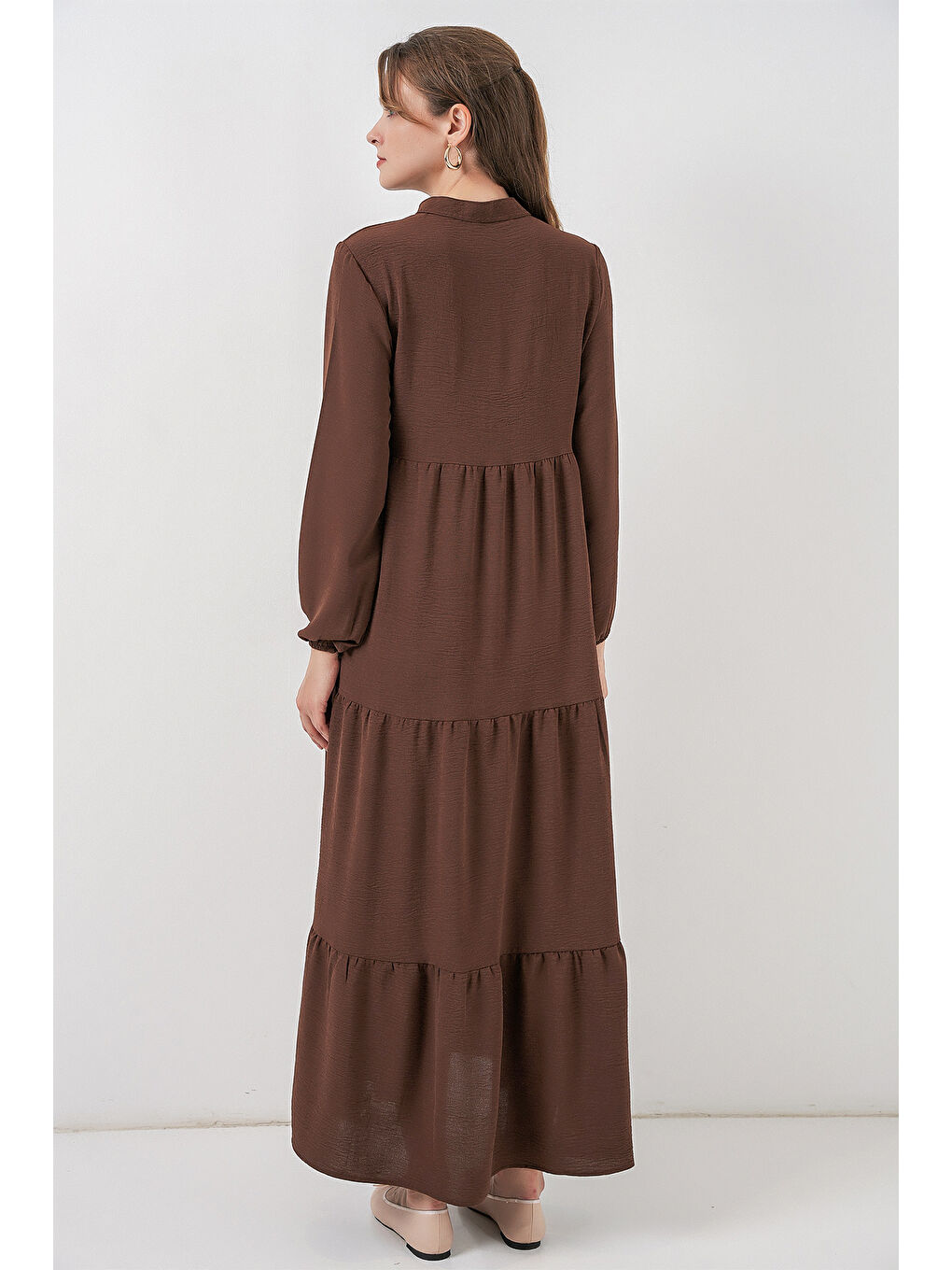 Kahverengi T1627 Yaka Bağcıklı Elbise - E. Kahve-5