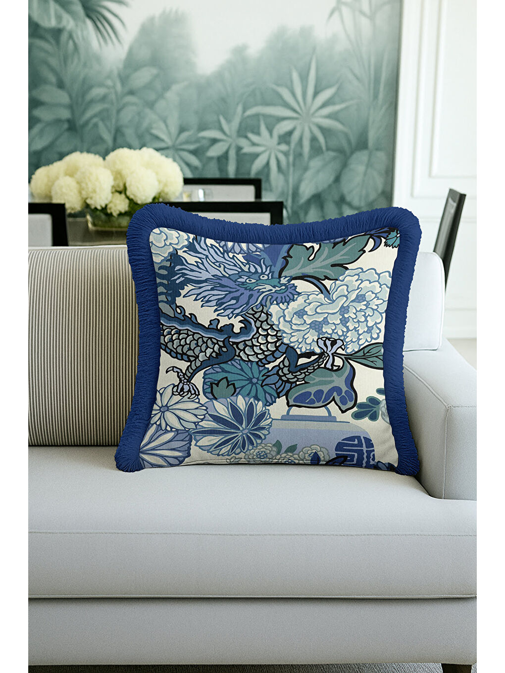 Karışık Ejderha Motifli Saçaklı Yastık Kılıfı - Asya Etkili Bohem Mavi Yeşil Püsküllü Kırlent Kılıfı-4