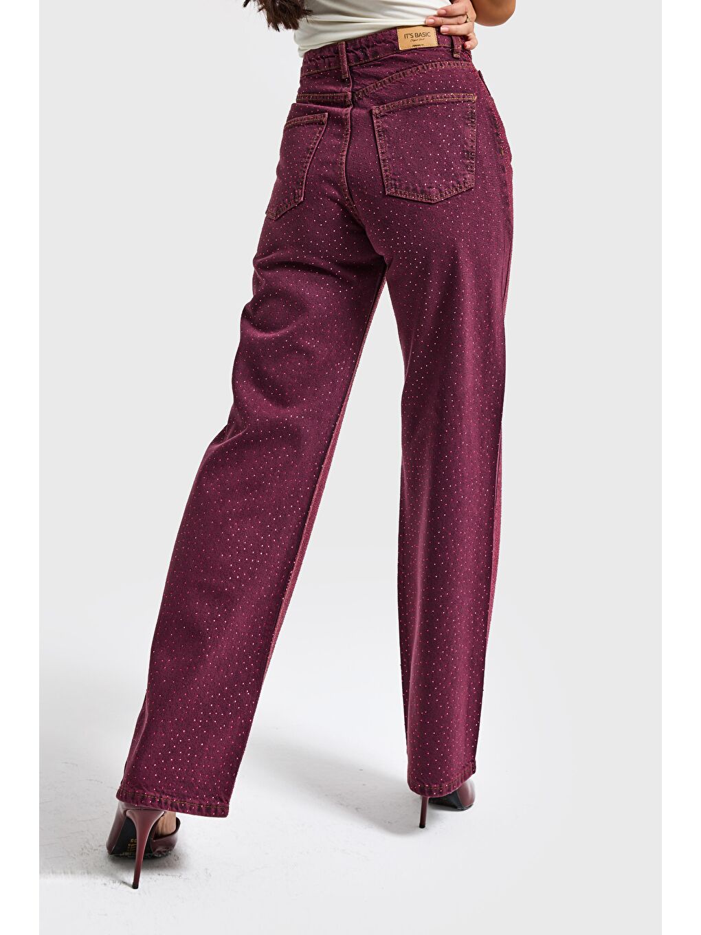 Kadın Bordo Renk T3-20w5-98 Straight Fit Yüksek Bel Ön ve Arka Parlak Taşlı Özel Tasarım Denim Jean-5