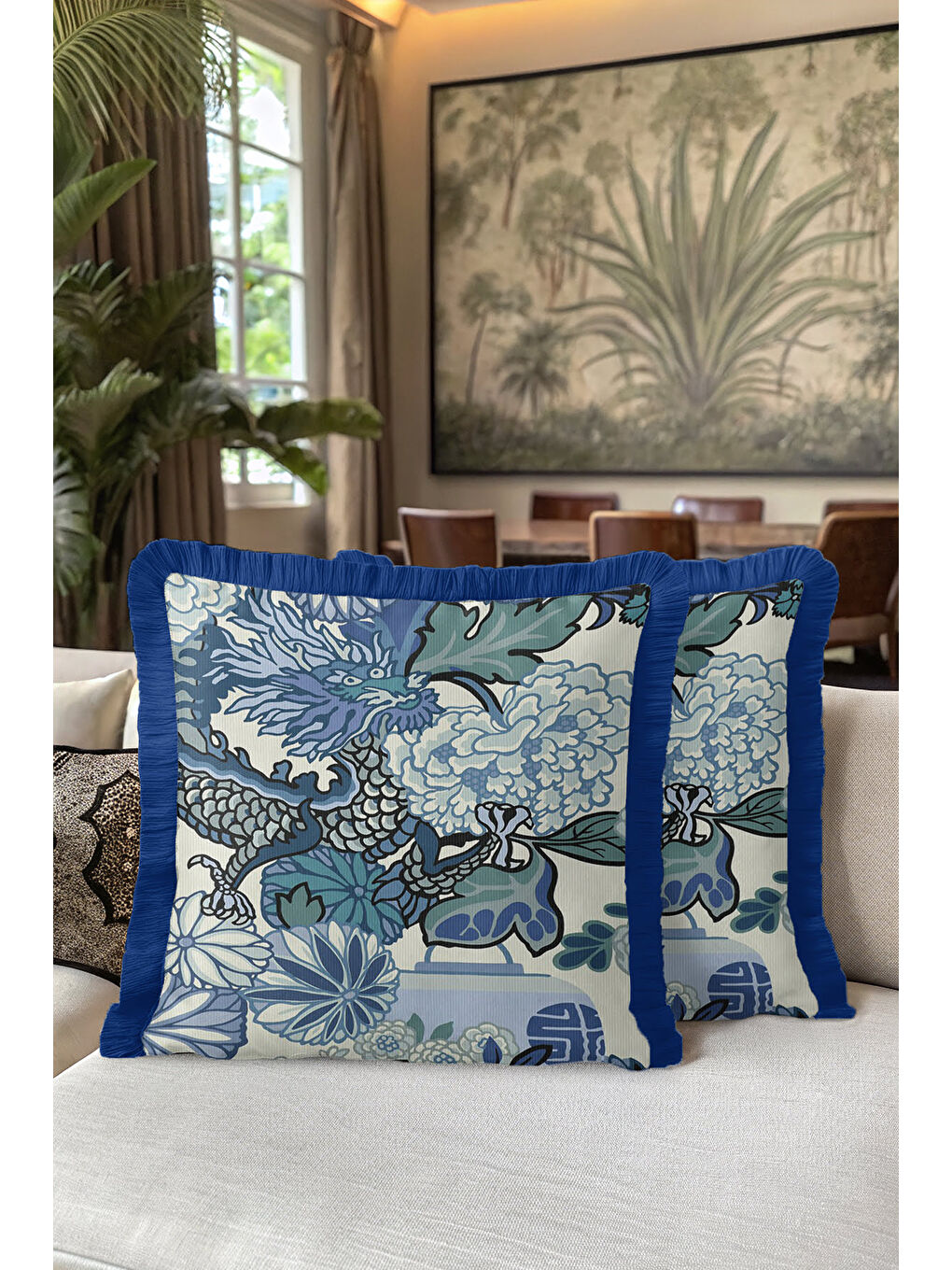 Karışık Ejderha Motifli Saçaklı Yastık Kılıfı - Asya Etkili Bohem Mavi Yeşil Püsküllü Kırlent Kılıfı-5