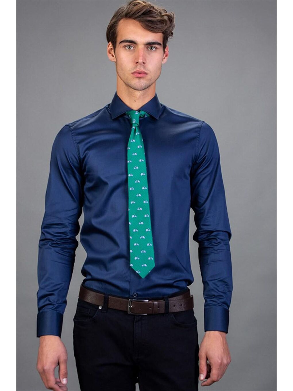 Slim Fit Pamuk Saten Erkek Lacivert Gömlek