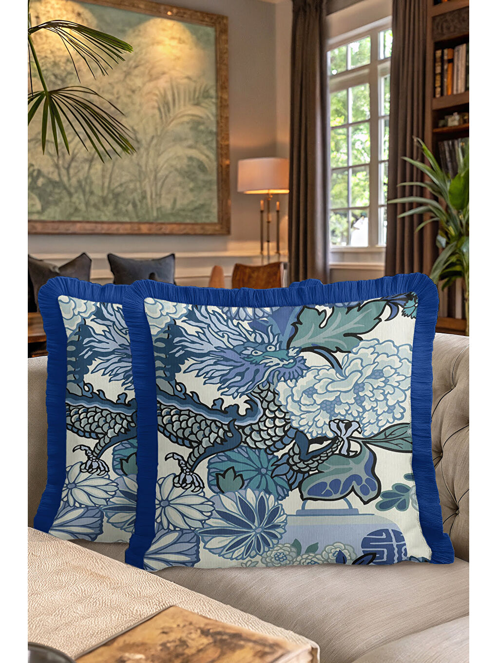 Karışık Ejderha Motifli Saçaklı Yastık Kılıfı - Asya Etkili Bohem Mavi Yeşil Püsküllü Kırlent Kılıfı-7