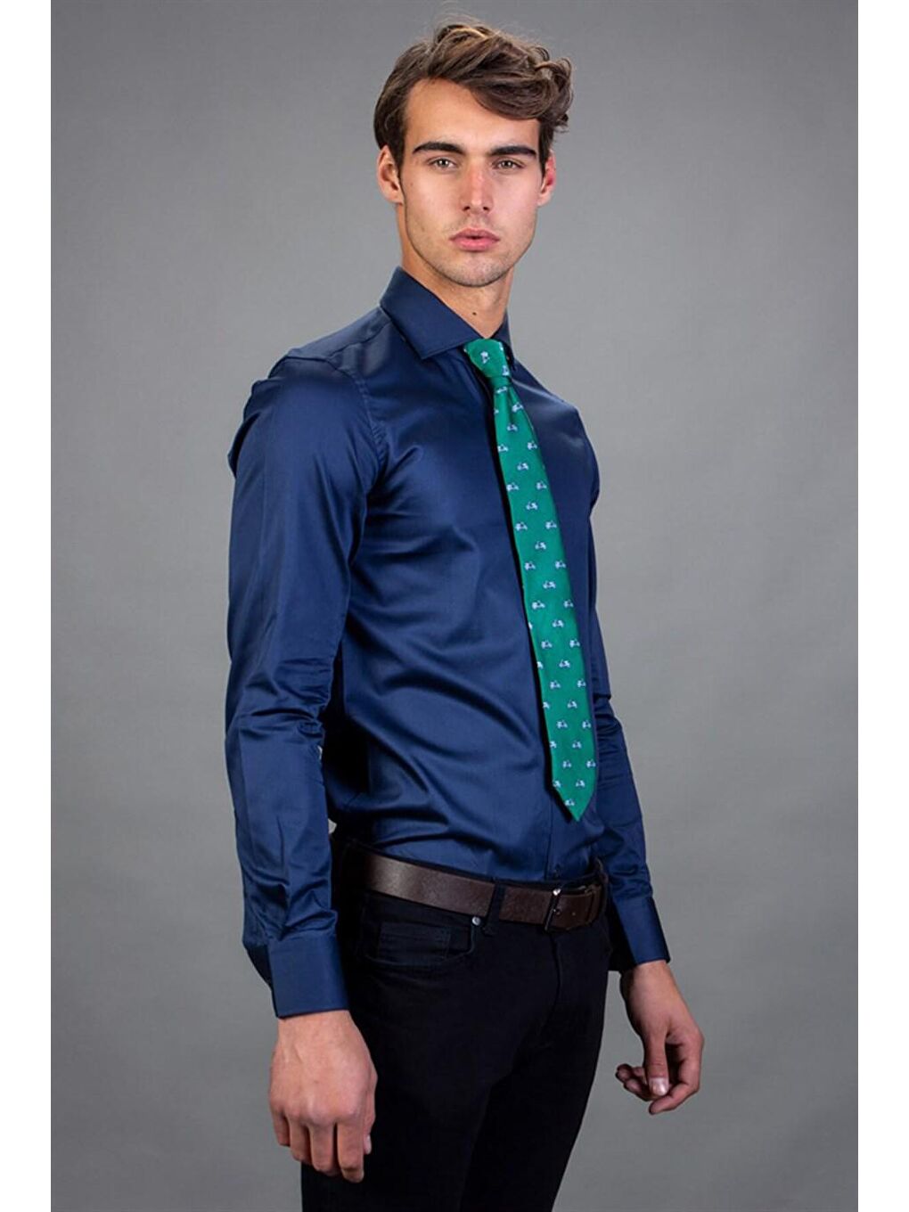 Slim Fit Pamuk Saten Erkek Lacivert Gömlek-1