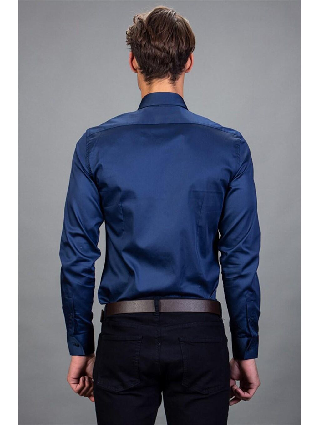 Slim Fit Pamuk Saten Erkek Lacivert Gömlek-3