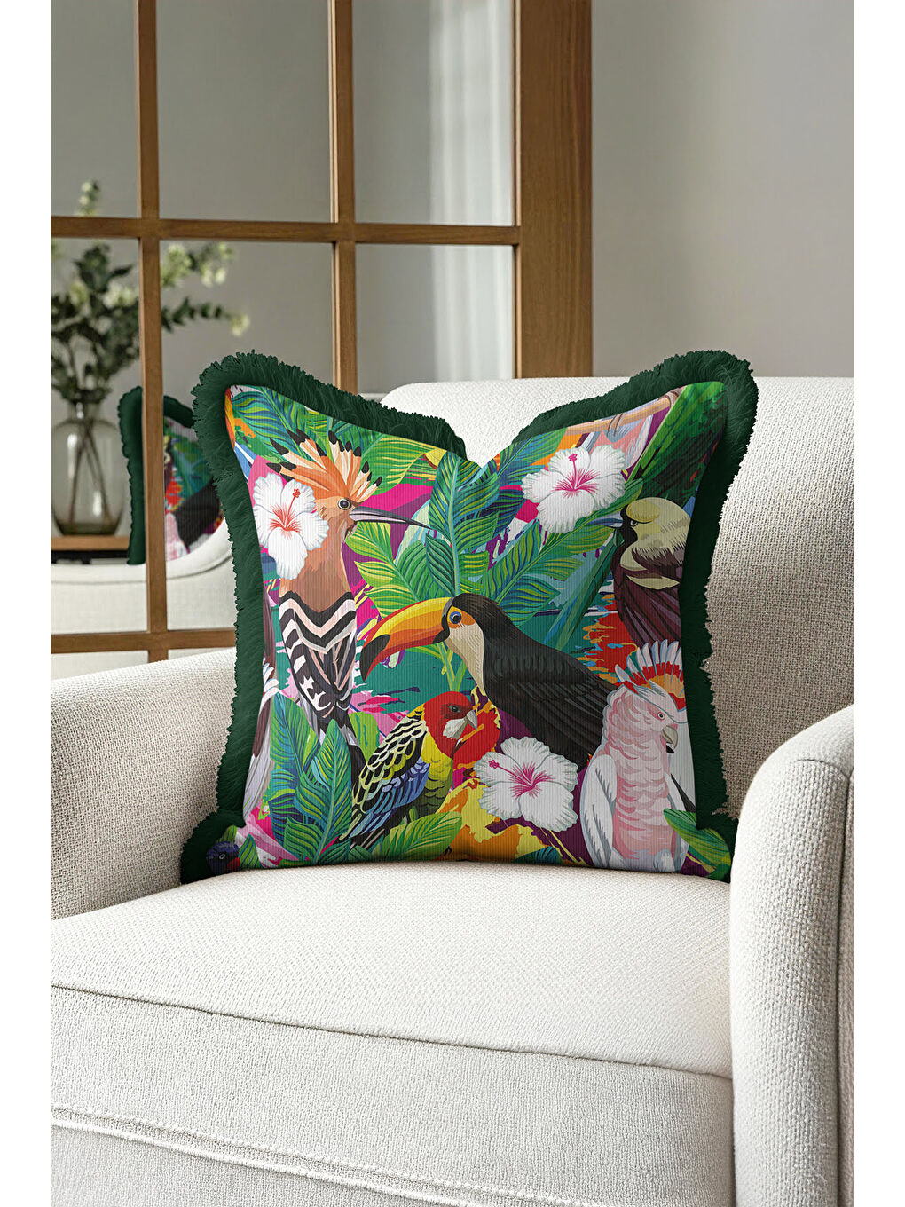 Karışık Egzotik Tropikal Kuşlar Saçaklı Yastık Kılıfı - Canlı Yeşil Bohem Botanik Püsküllü Kırlent Kılıfı-1