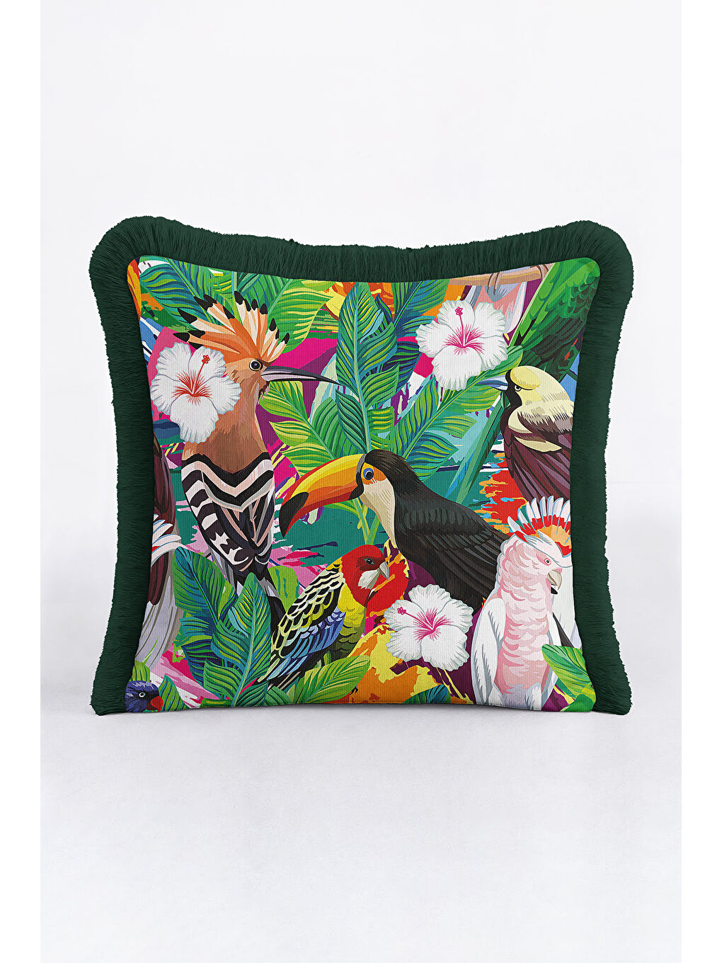 Karışık Egzotik Tropikal Kuşlar Saçaklı Yastık Kılıfı - Canlı Yeşil Bohem Botanik Püsküllü Kırlent Kılıfı-3