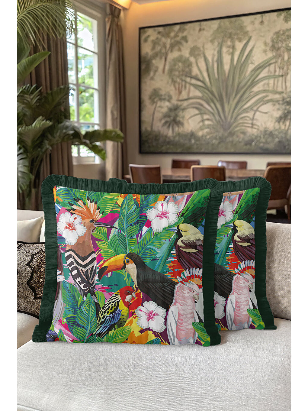 Karışık Egzotik Tropikal Kuşlar Saçaklı Yastık Kılıfı - Canlı Yeşil Bohem Botanik Püsküllü Kırlent Kılıfı-5