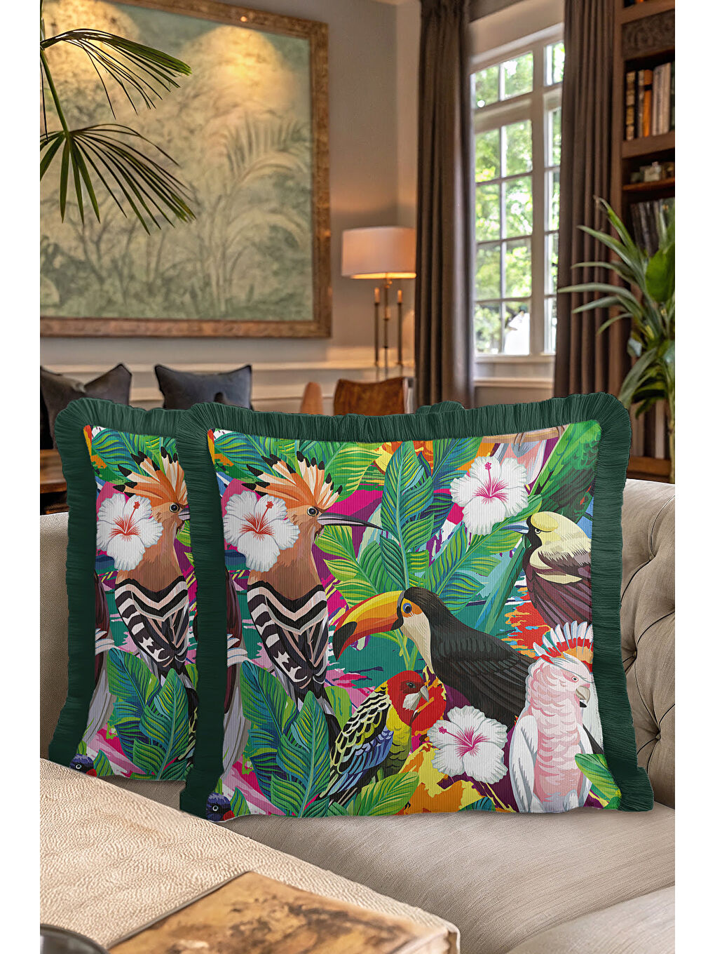 Karışık Egzotik Tropikal Kuşlar Saçaklı Yastık Kılıfı - Canlı Yeşil Bohem Botanik Püsküllü Kırlent Kılıfı-7