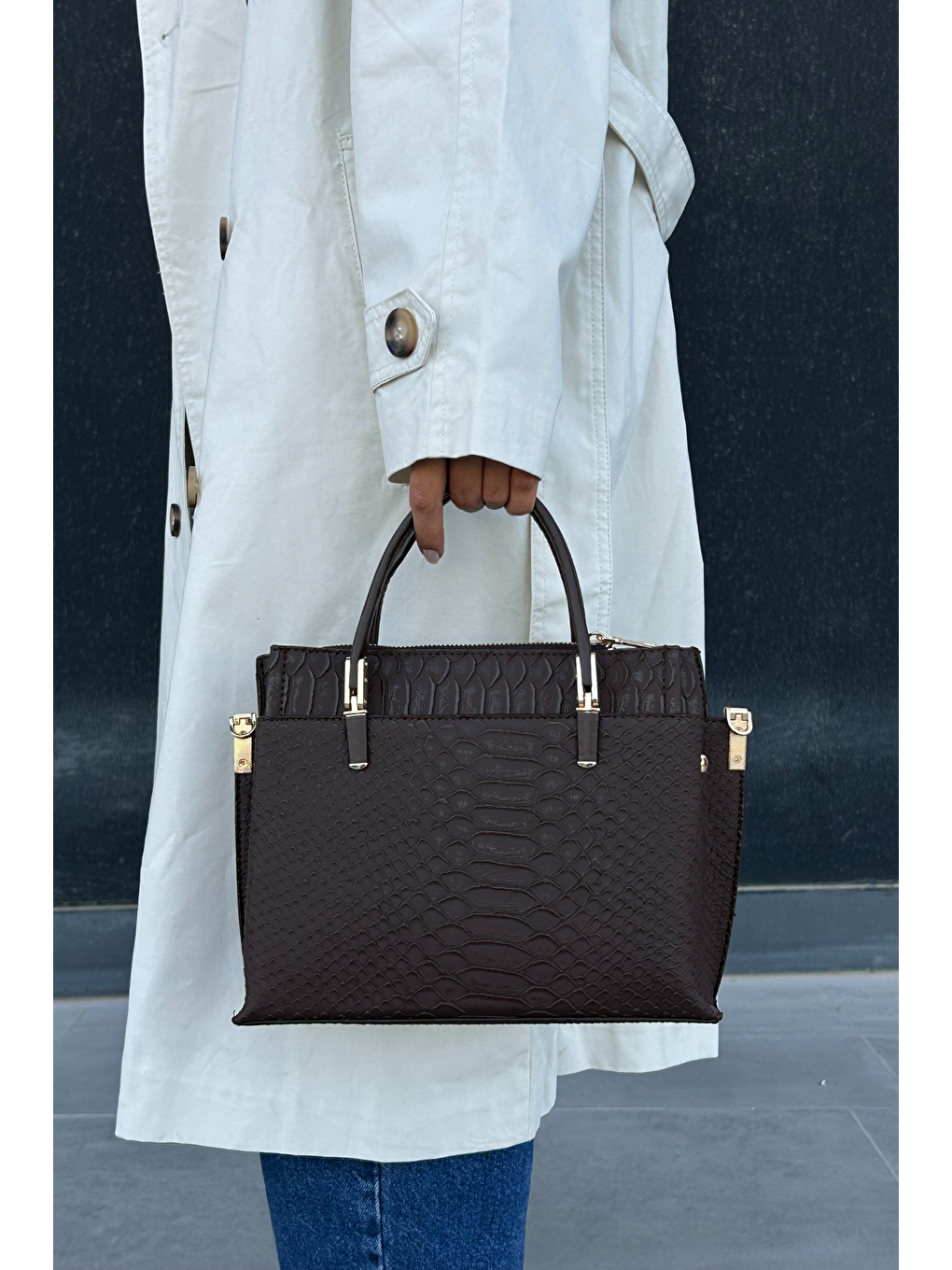 Kahverengi Desenli Premium Kadın Omuz ve El Çantası