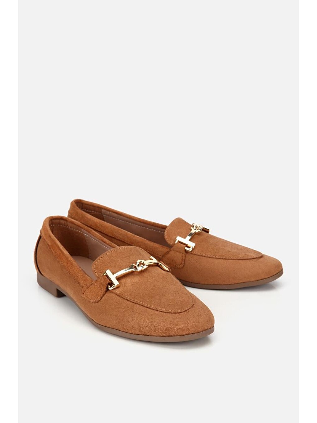 Kahverengi Kadın Taba Süet Gold Tokalı Loafer-1