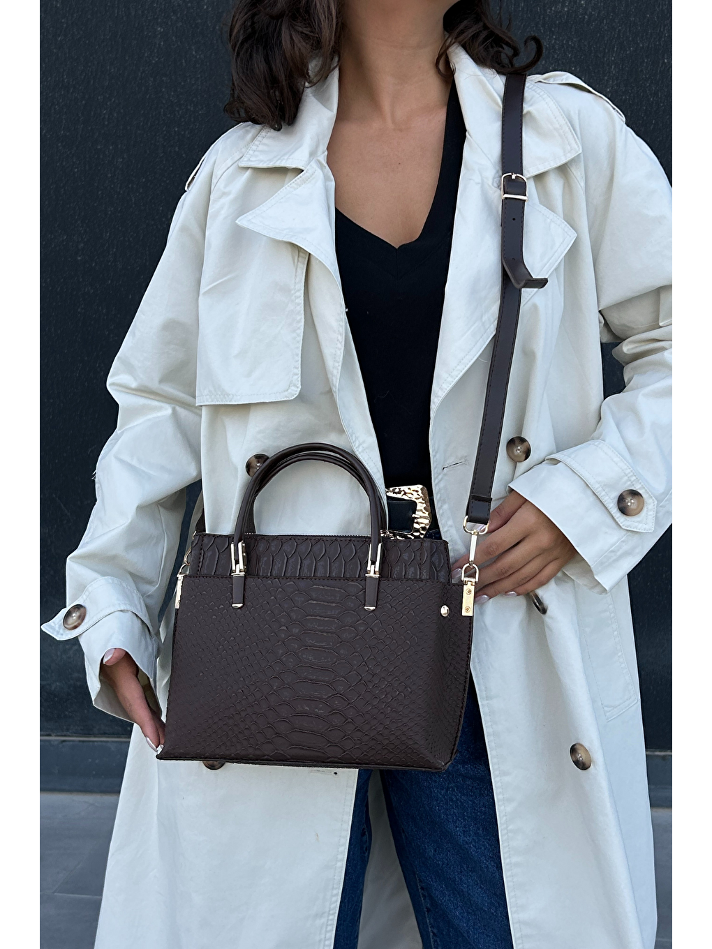 Kahverengi Desenli Premium Kadın Omuz ve El Çantası-1