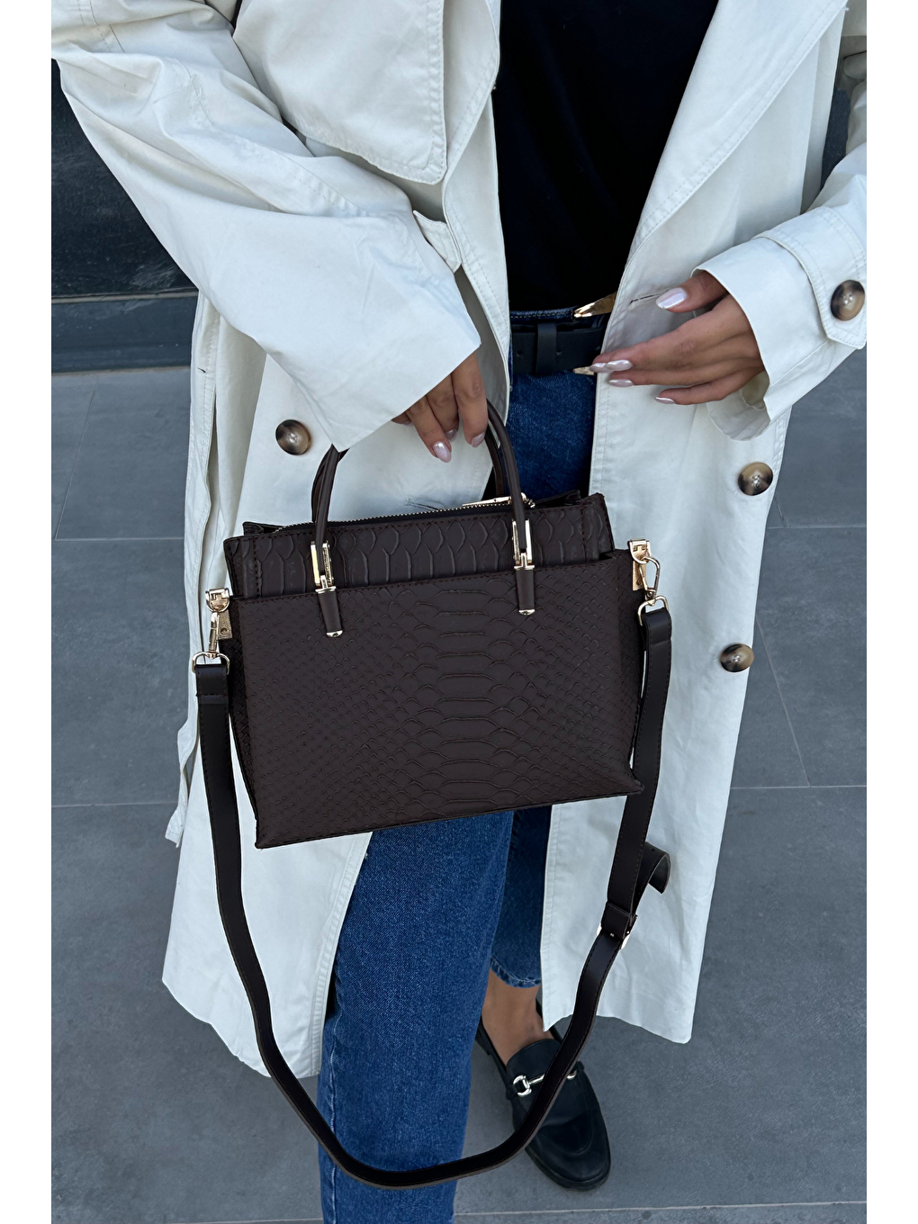 Kahverengi Desenli Premium Kadın Omuz ve El Çantası-2