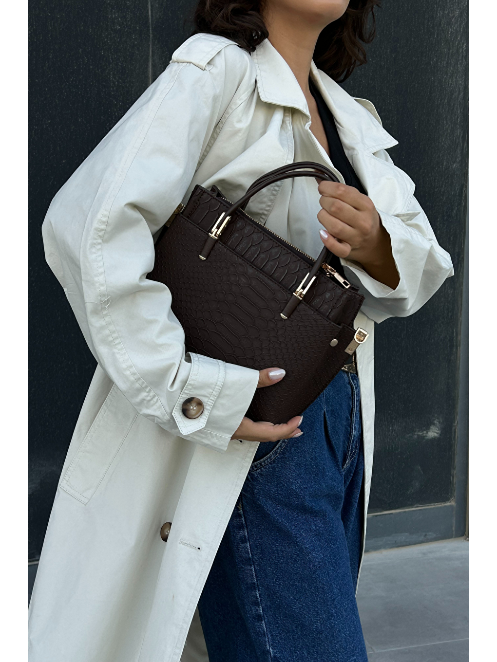 Kahverengi Desenli Premium Kadın Omuz ve El Çantası-4