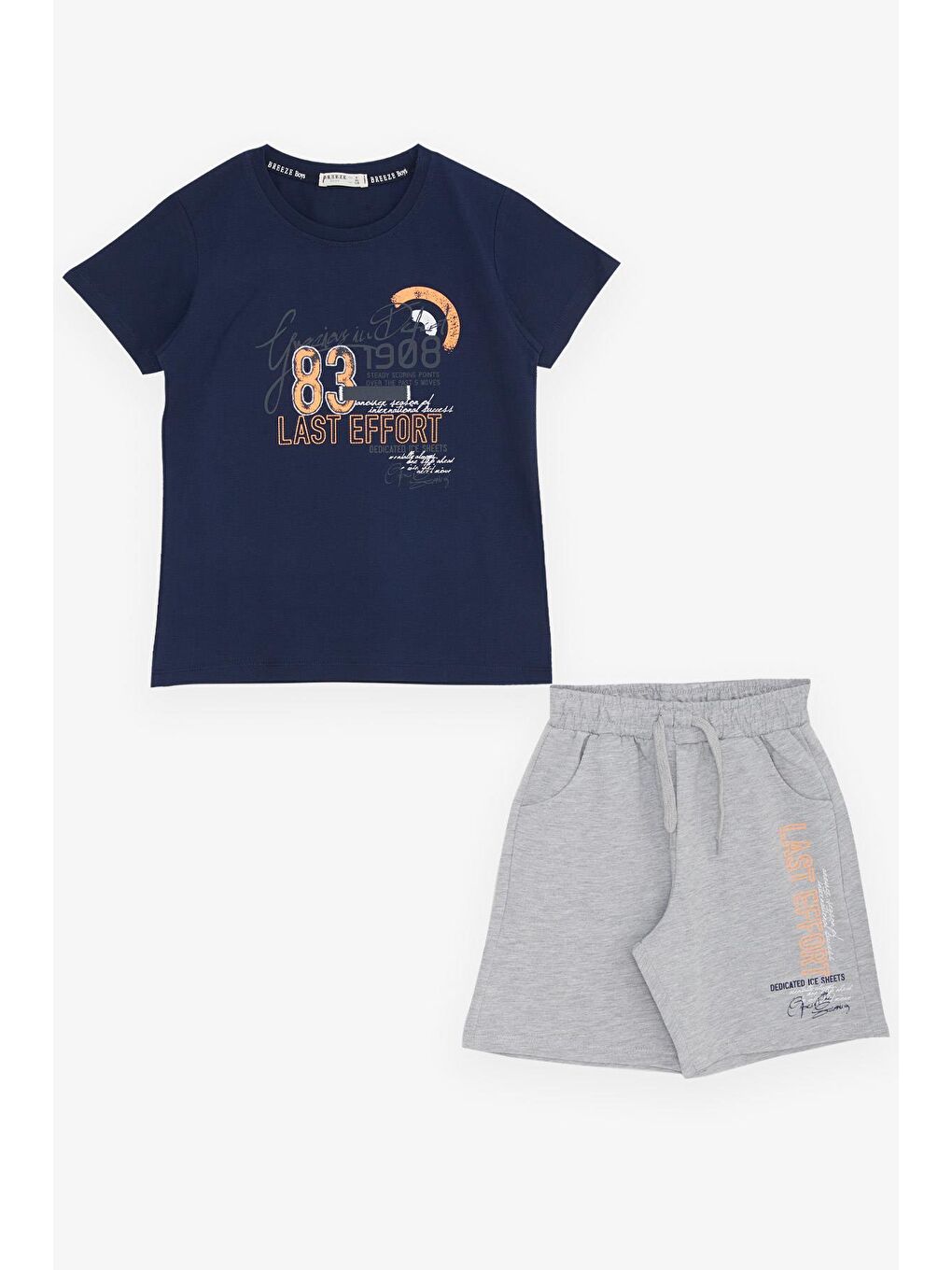 Erkek Çocuk Şortlu Takım Yazı Baskılı Cepli Bağcık Aksesuarlı Lacivert (8-14 Yaş)