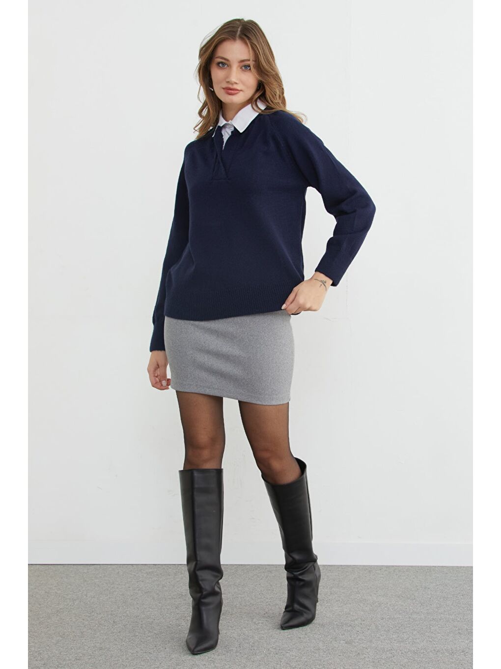 Lacivert Basic Gömlek Yaka Triko Kazak-1