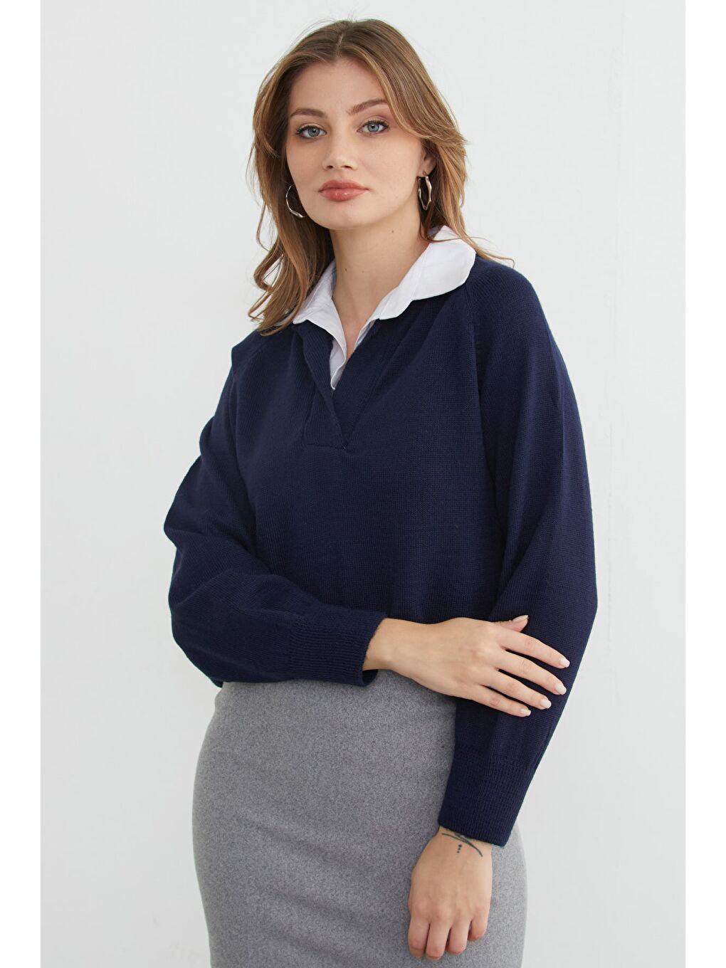 Lacivert Basic Gömlek Yaka Triko Kazak-3