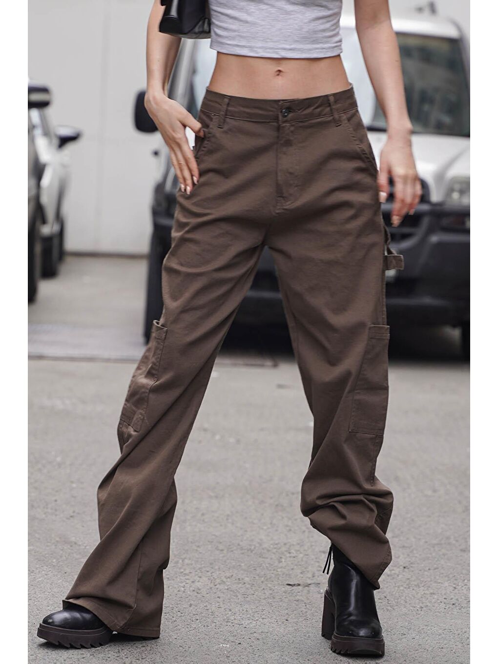 Kahverengi Straight Fit Kargo Pantolon Mg1601-1