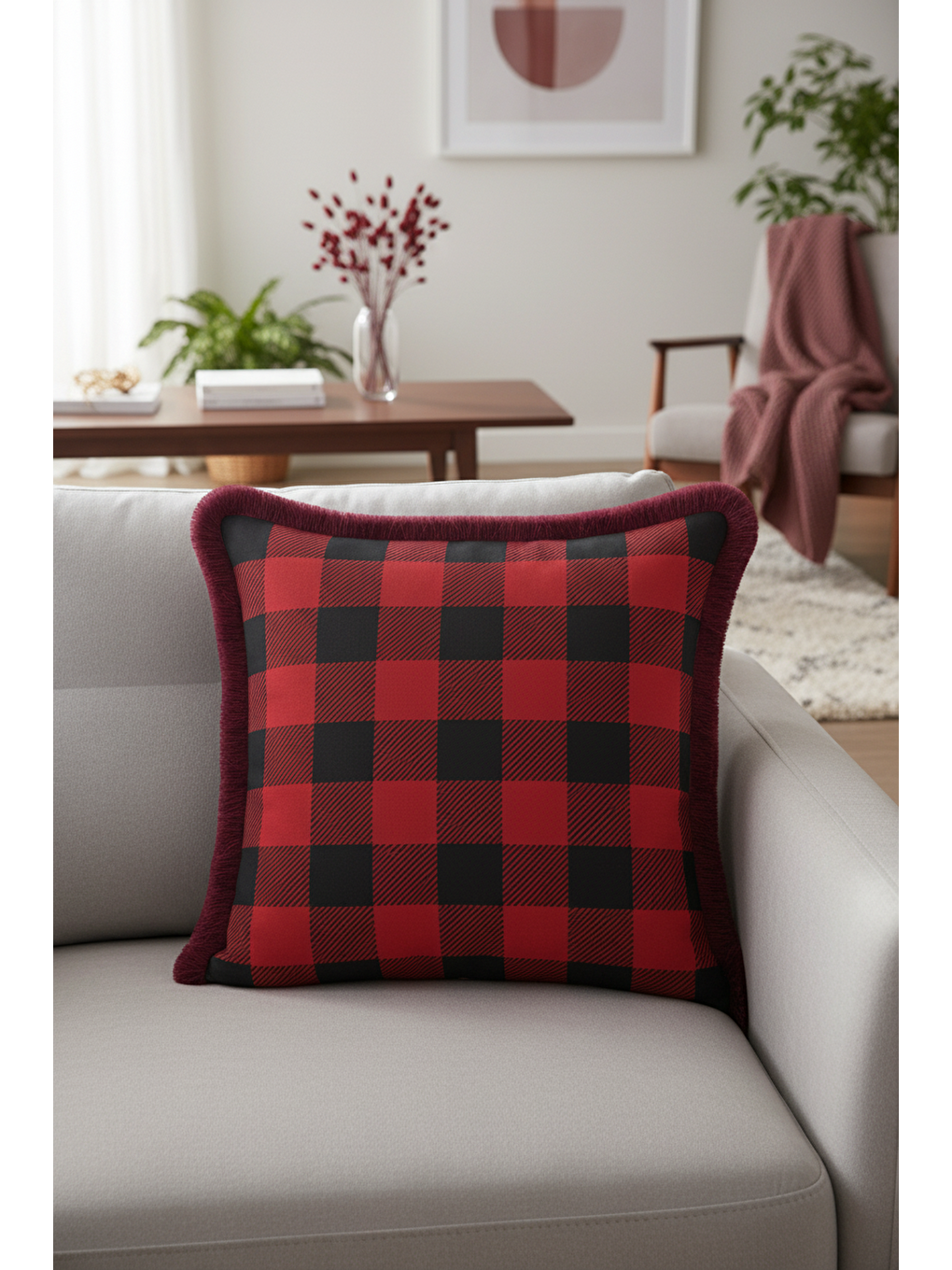Karışık Kareli Lüks Saçaklı Yastık Kılıfı - Ev Klasik Rustik Bordo Kırmızı Püsküllü Kırlent Kılıfı-1