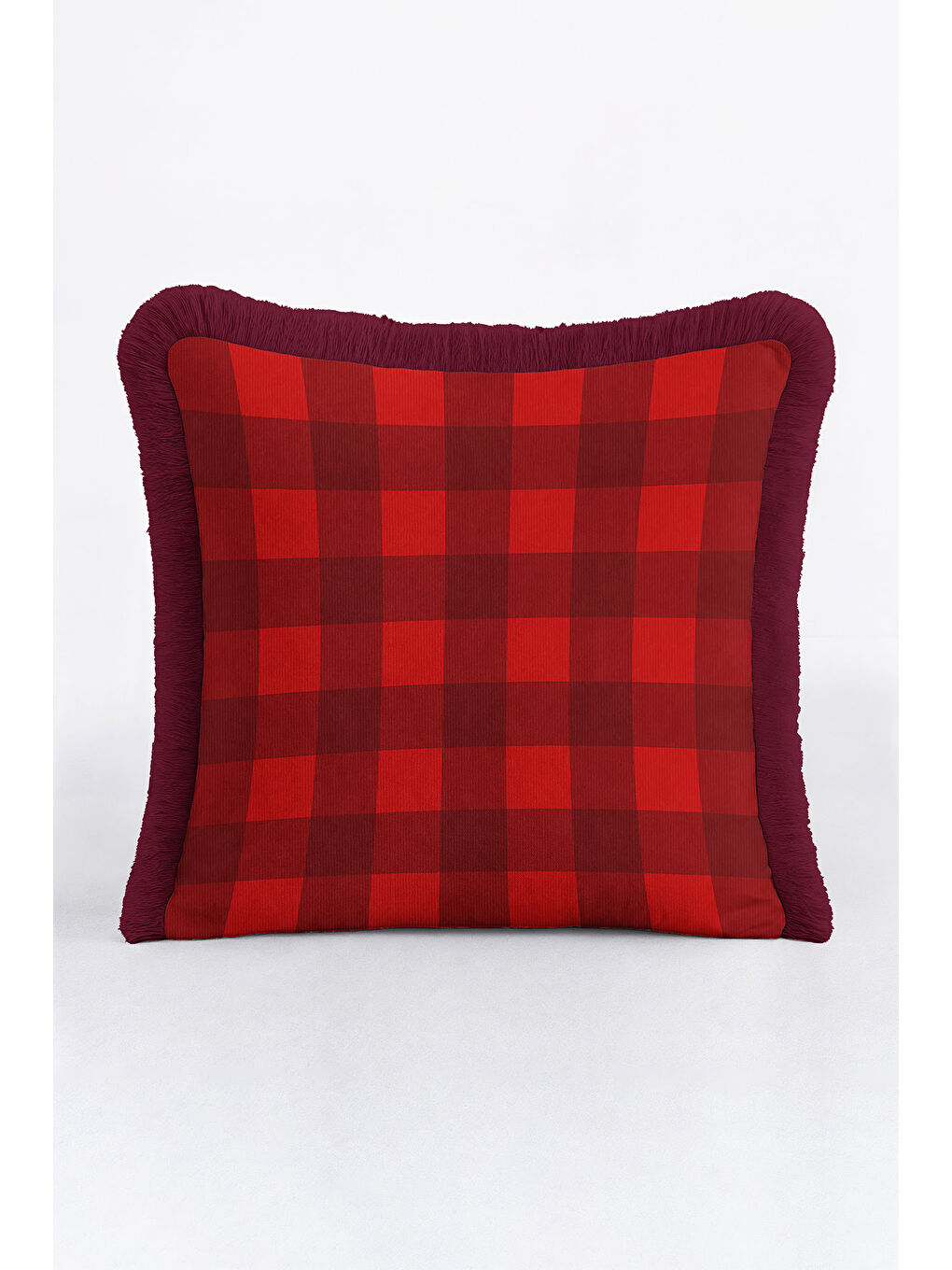 Karışık Kareli Lüks Saçaklı Yastık Kılıfı - Ev Klasik Rustik Bordo Kırmızı Püsküllü Kırlent Kılıfı-2