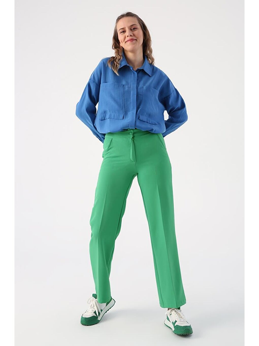 Yeşil01-Cepli Bol Paça Pantolon