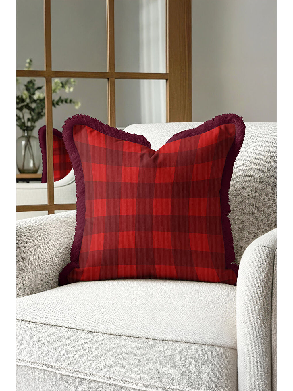 Karışık Kareli Lüks Saçaklı Yastık Kılıfı - Ev Klasik Rustik Bordo Kırmızı Püsküllü Kırlent Kılıfı-3