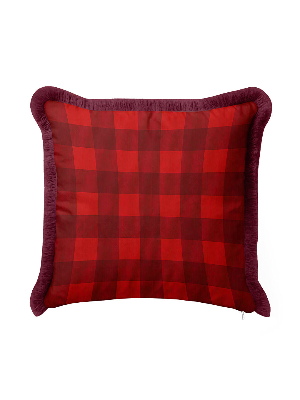 Karışık Kareli Lüks Saçaklı Yastık Kılıfı - Ev Klasik Rustik Bordo Kırmızı Püsküllü Kırlent Kılıfı-4