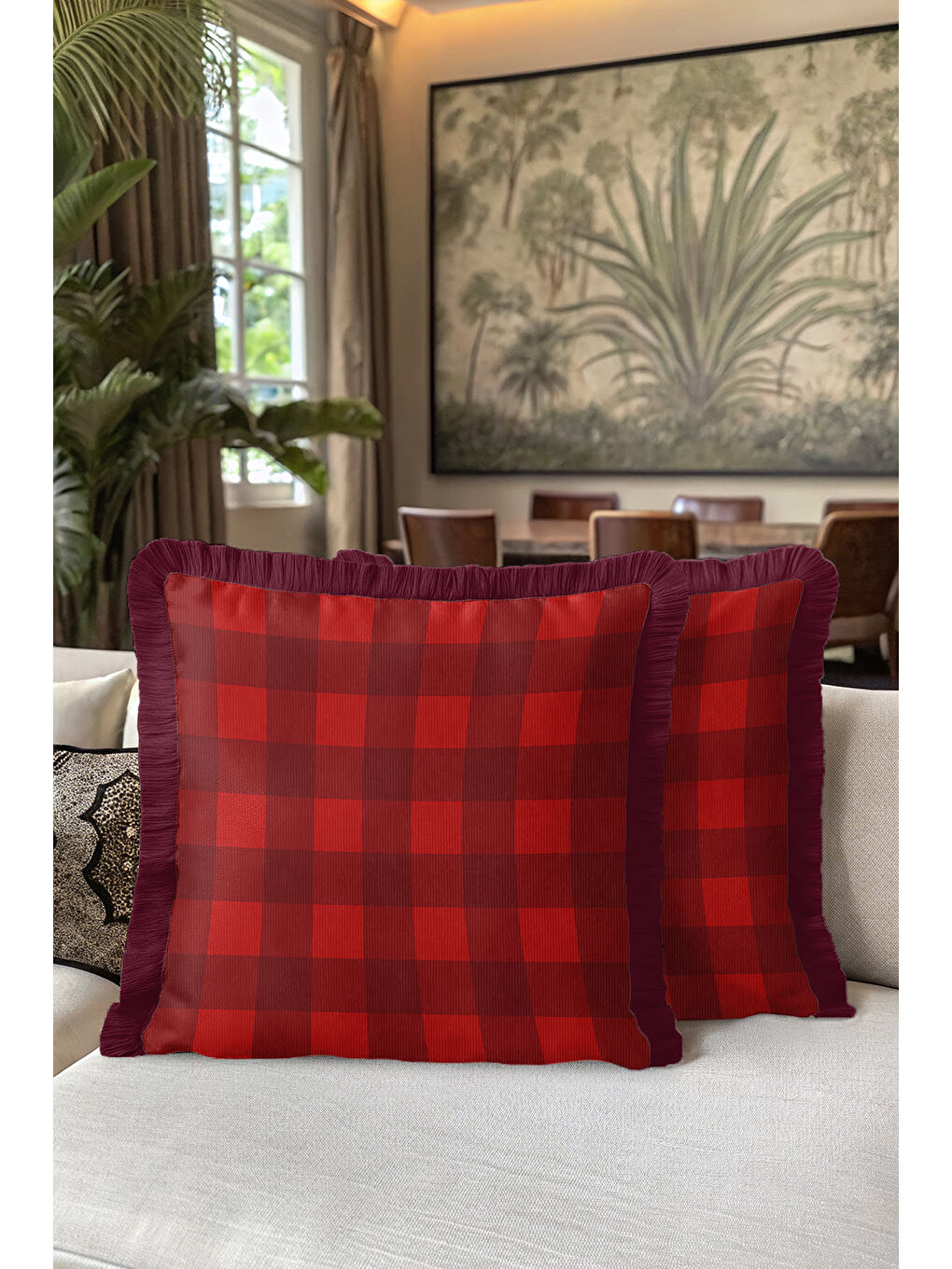 Karışık Kareli Lüks Saçaklı Yastık Kılıfı - Ev Klasik Rustik Bordo Kırmızı Püsküllü Kırlent Kılıfı-5