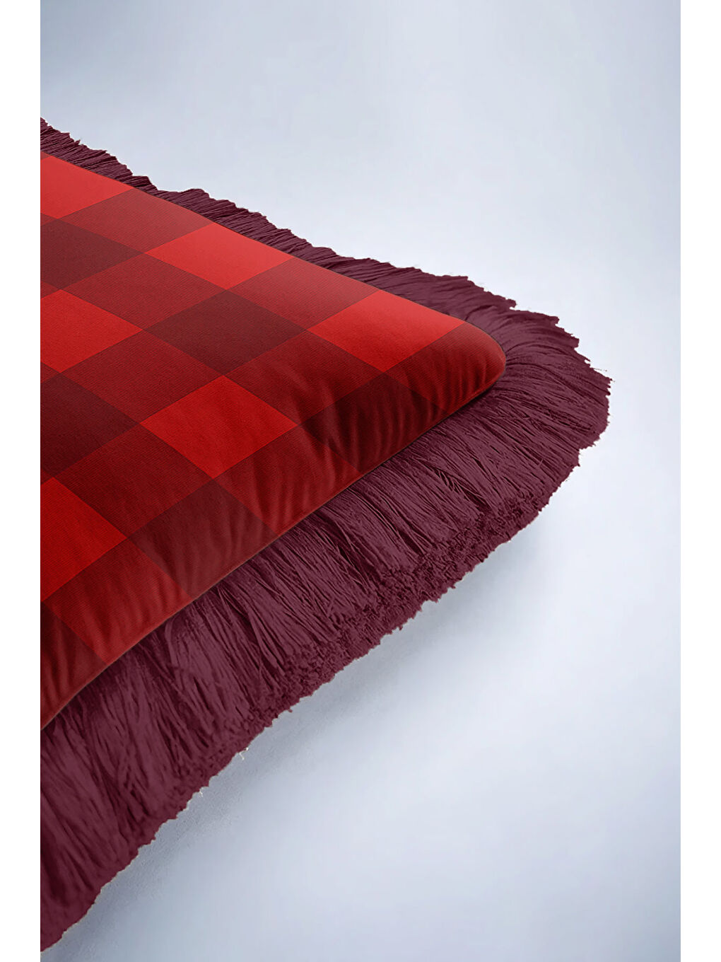 Karışık Kareli Lüks Saçaklı Yastık Kılıfı - Ev Klasik Rustik Bordo Kırmızı Püsküllü Kırlent Kılıfı-6