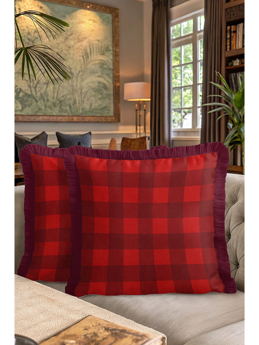Karışık Kareli Lüks Saçaklı Yastık Kılıfı - Ev Klasik Rustik Bordo Kırmızı Püsküllü Kırlent Kılıfı-7
