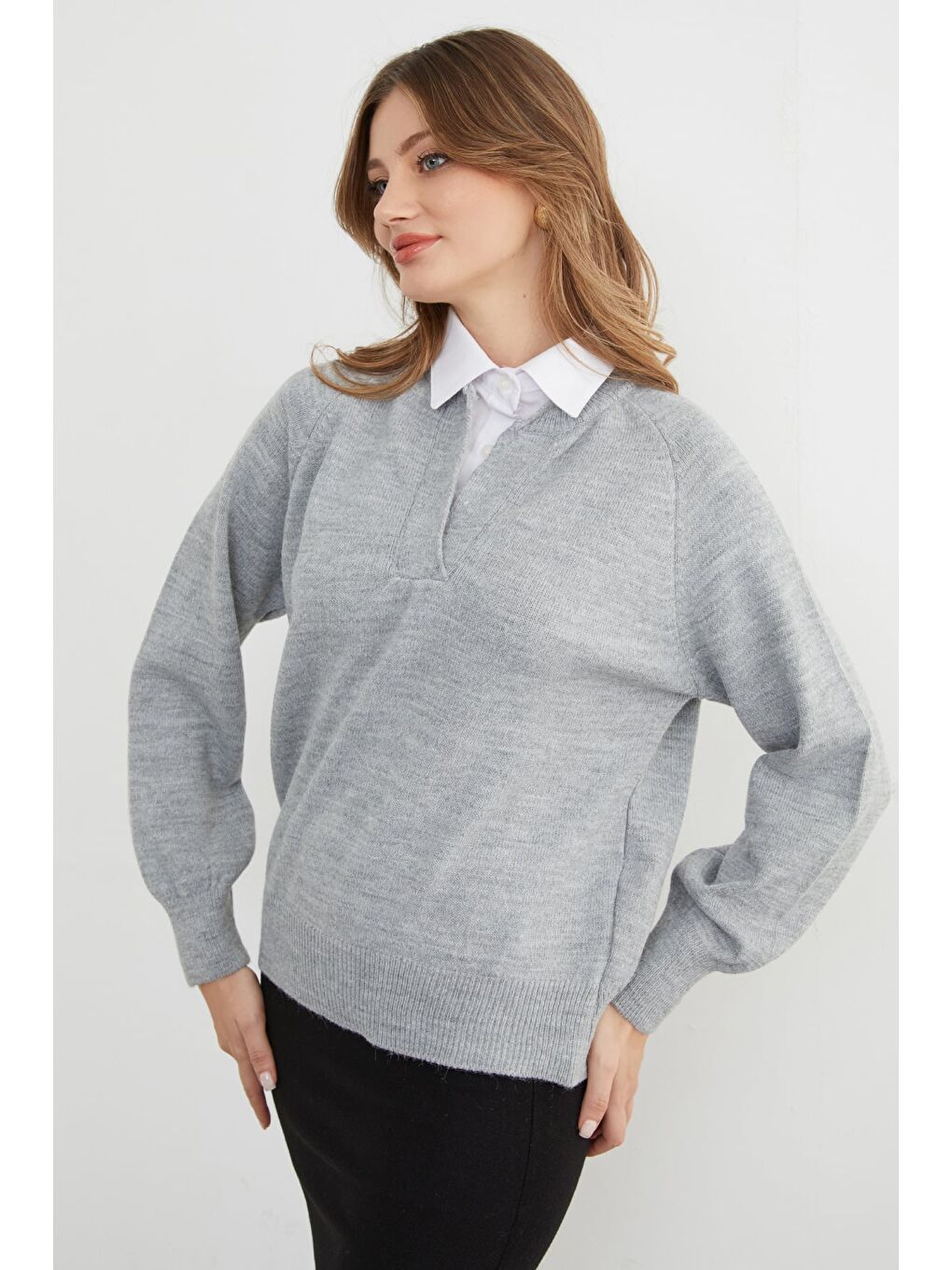 Gri Basic Gömlek Yaka Triko Kazak-4