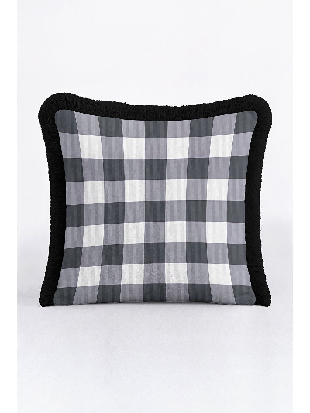 Karışık Modern Ekose Saçaklı Yastık Kılıfı - Siyah Beyaz Country Stil Püsküllü Kırlent Kılıfı