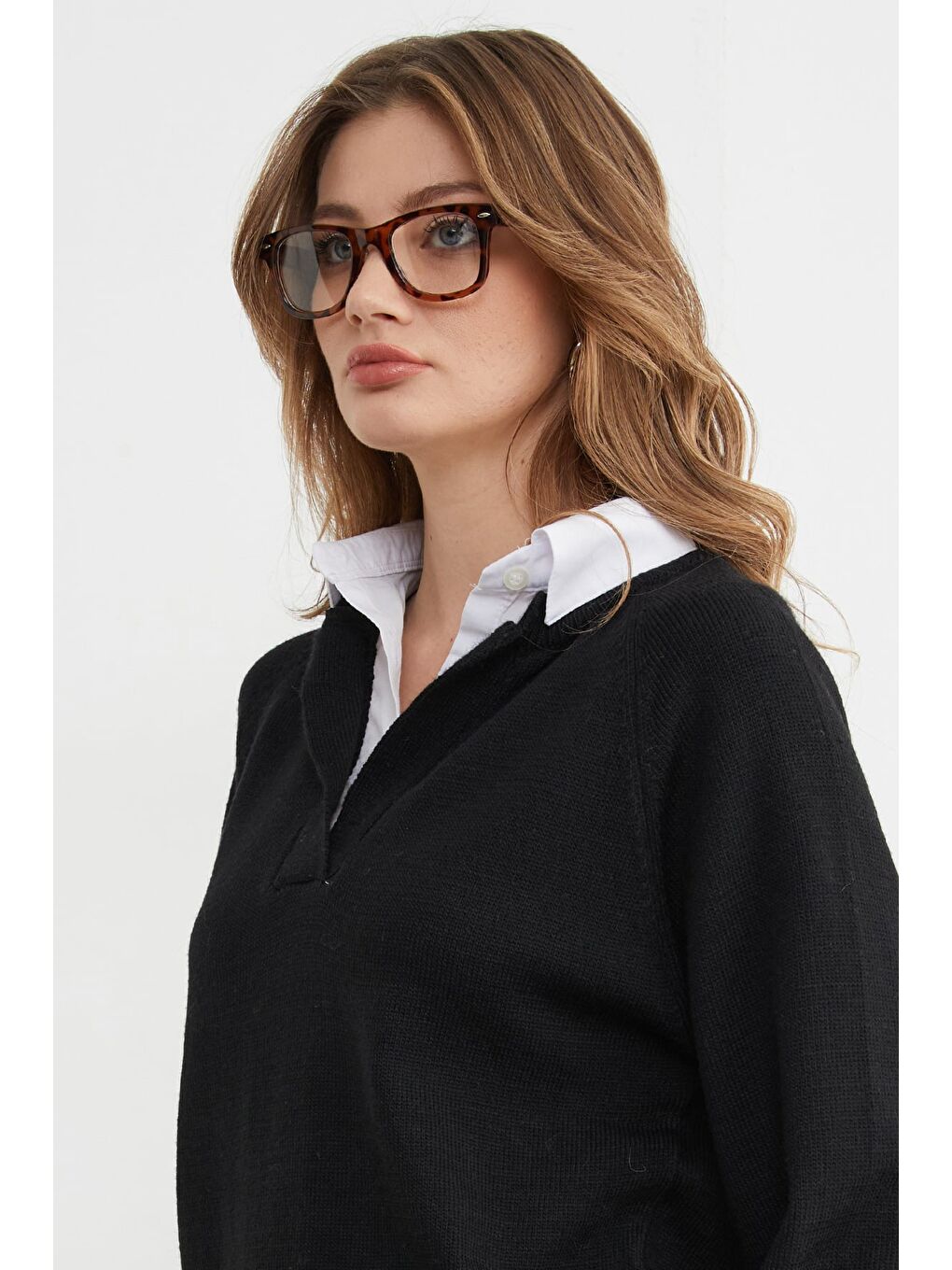 Siyah Basic Gömlek Yaka Triko Kazak-2