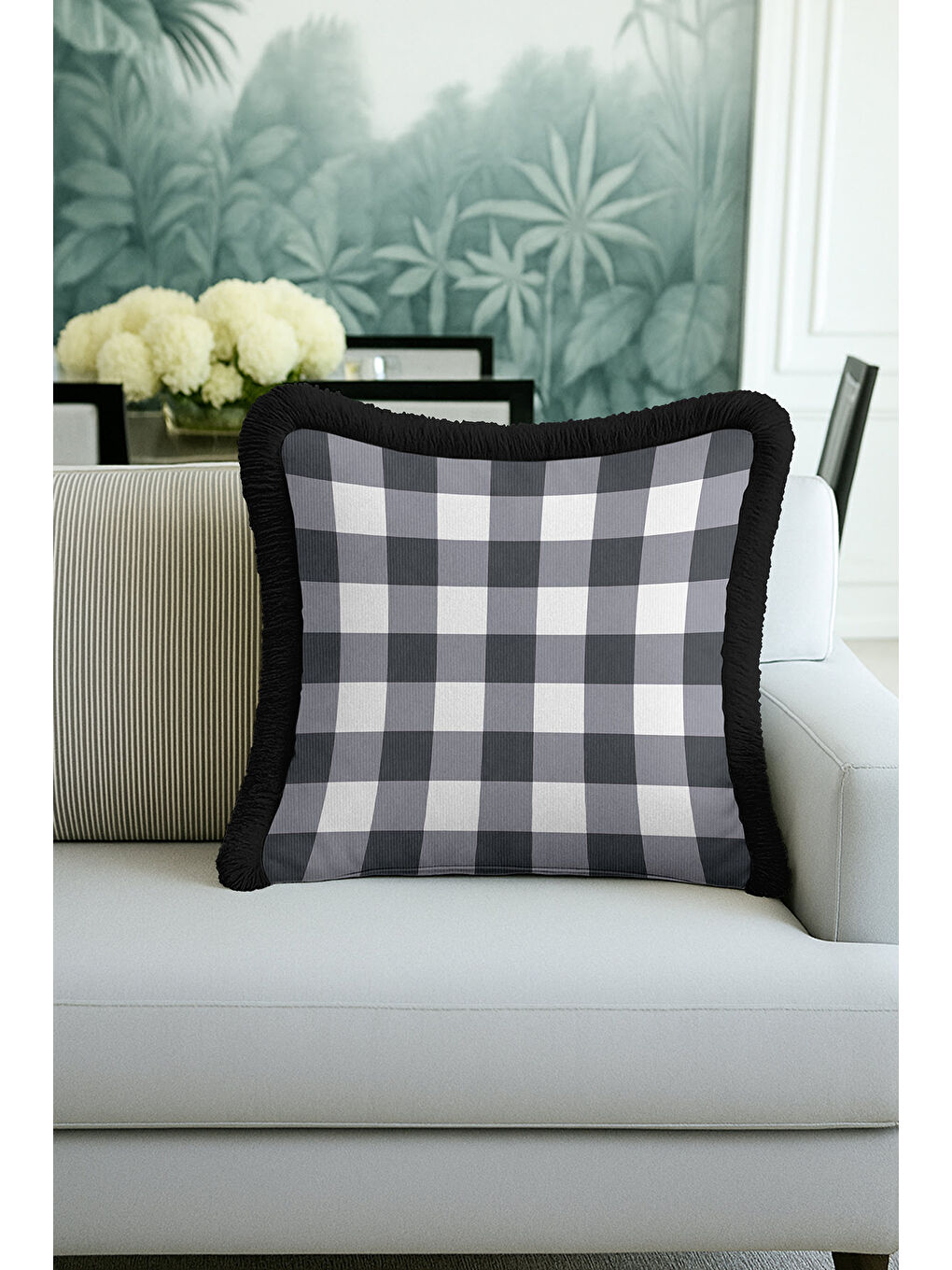 Karışık Modern Ekose Saçaklı Yastık Kılıfı - Siyah Beyaz Country Stil Püsküllü Kırlent Kılıfı-2