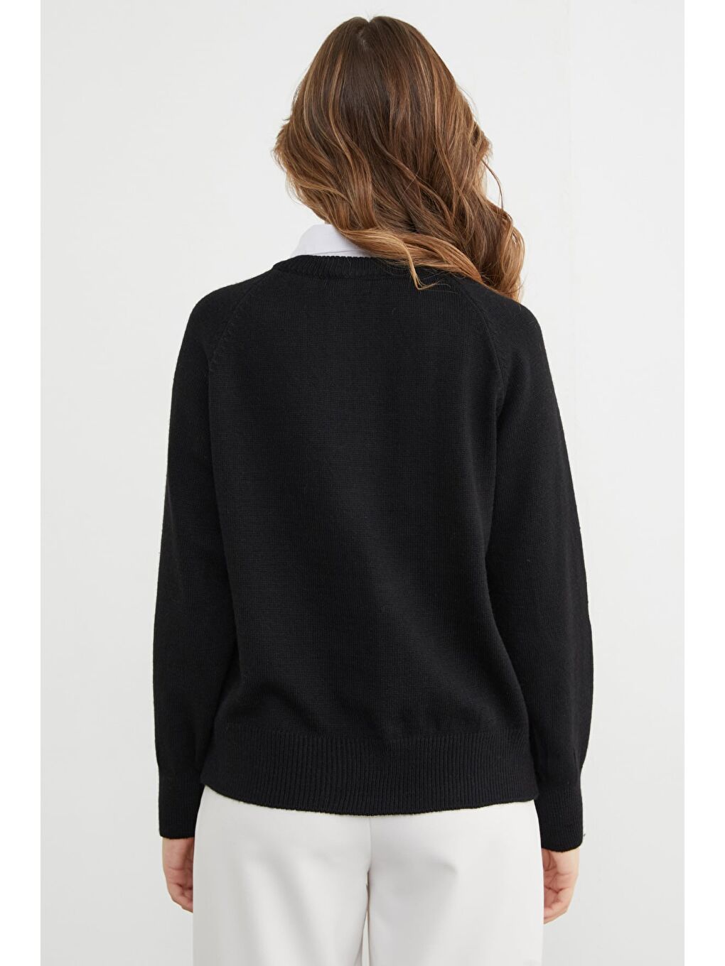 Siyah Basic Gömlek Yaka Triko Kazak-3