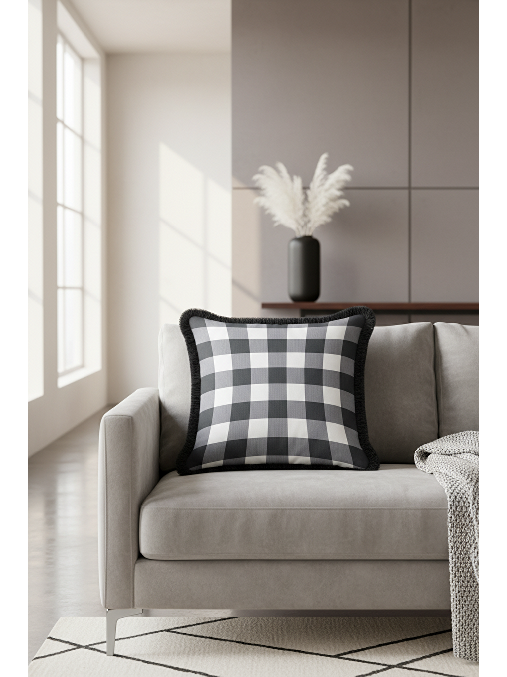 Karışık Modern Ekose Saçaklı Yastık Kılıfı - Siyah Beyaz Country Stil Püsküllü Kırlent Kılıfı-3