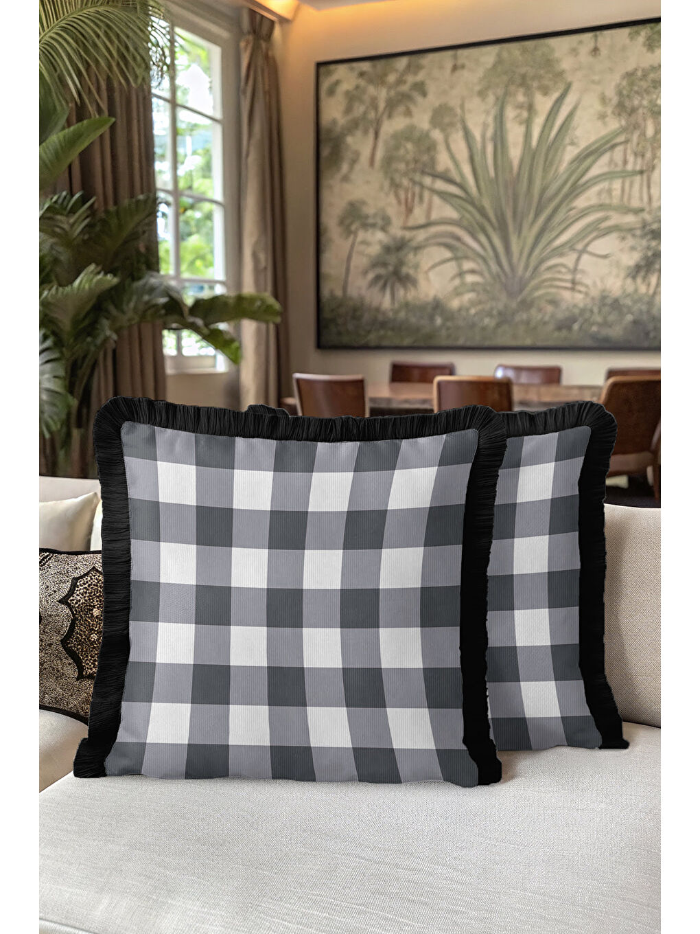 Karışık Modern Ekose Saçaklı Yastık Kılıfı - Siyah Beyaz Country Stil Püsküllü Kırlent Kılıfı-5