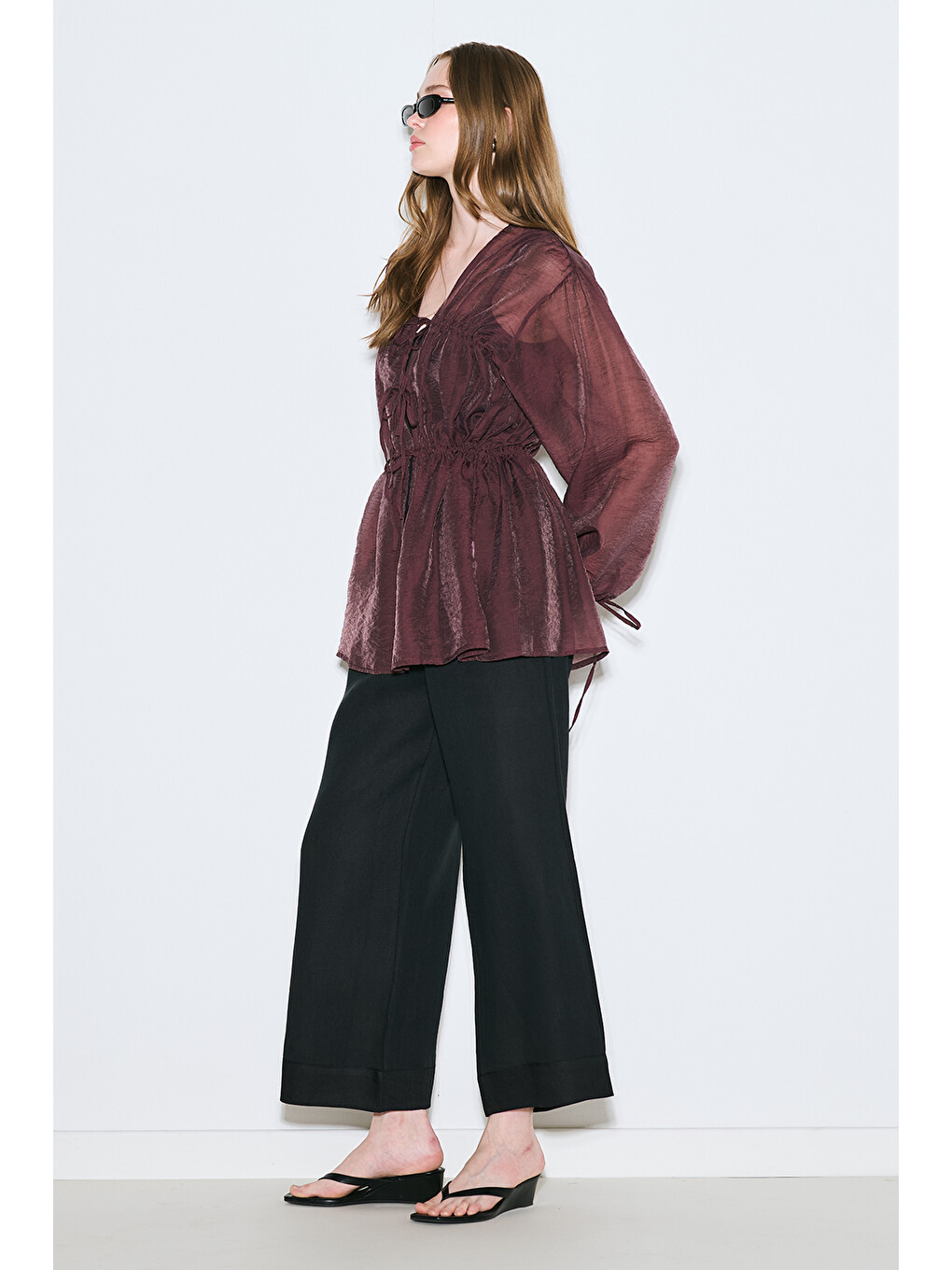 Büzgülü Bağlamalı Bluz Bordo-3