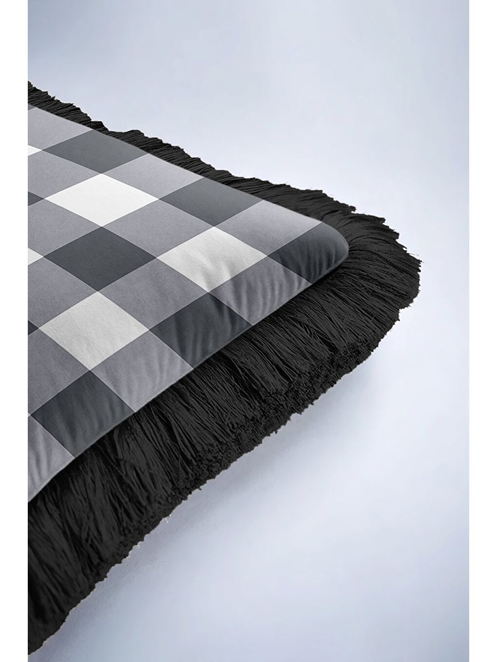 Karışık Modern Ekose Saçaklı Yastık Kılıfı - Siyah Beyaz Country Stil Püsküllü Kırlent Kılıfı-6