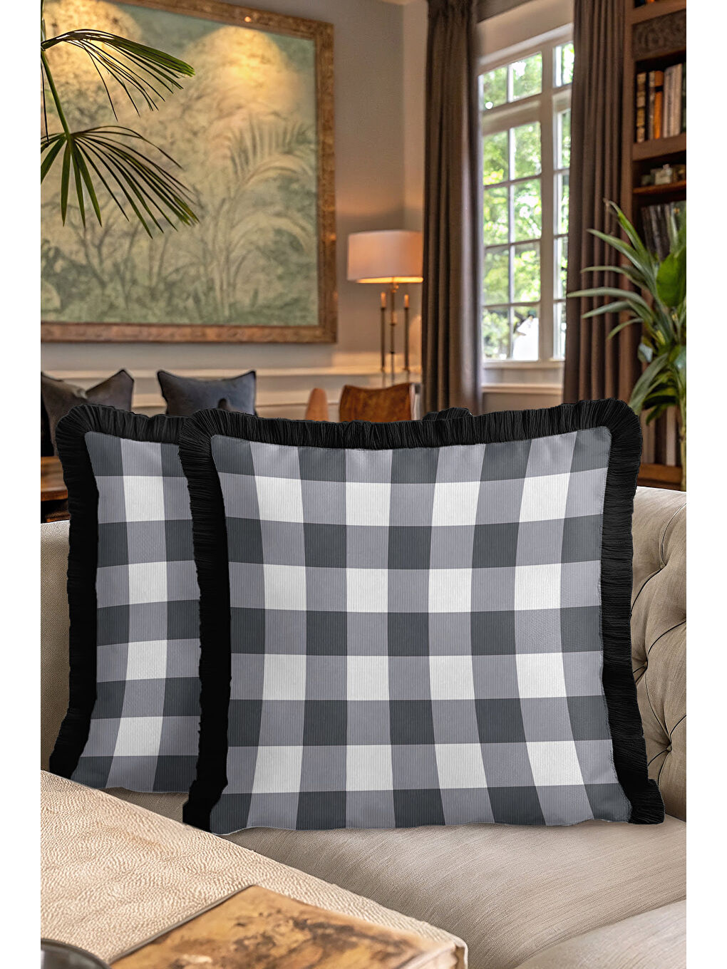 Karışık Modern Ekose Saçaklı Yastık Kılıfı - Siyah Beyaz Country Stil Püsküllü Kırlent Kılıfı-7