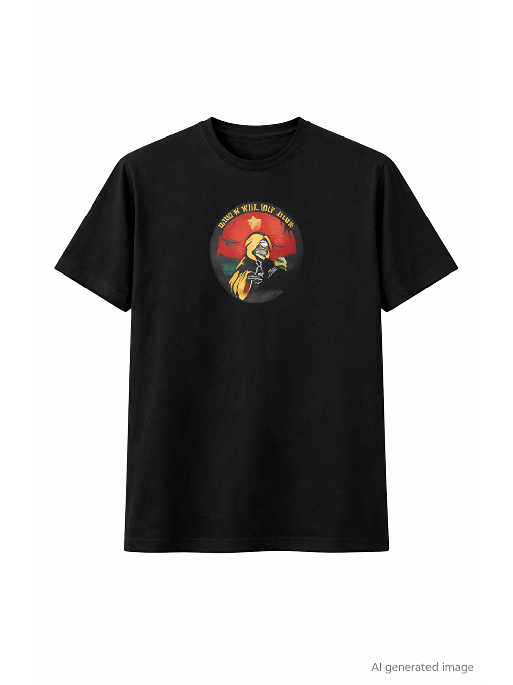 Unisex Bisiklet Yaka Baskılı Oversize T-Shirt - Siyah